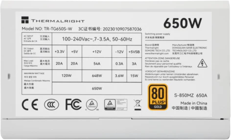 Thermalright TR-TG 650S-W Hvid- PSU. 80+ Gold. 650W. non-modular