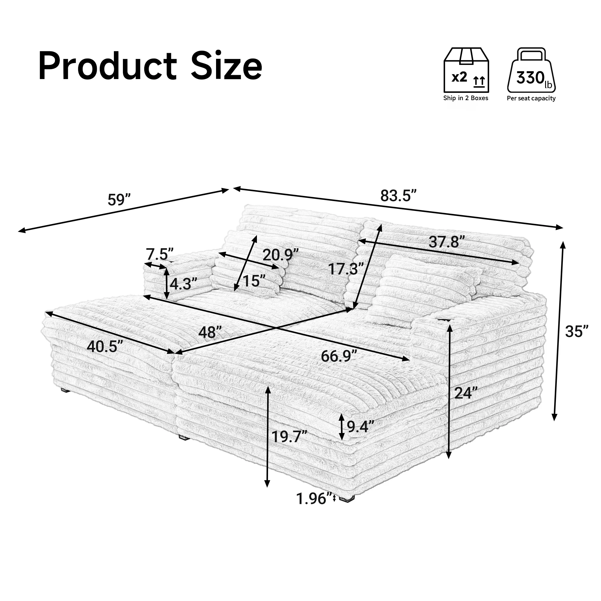 Oversized Double Chaise Lounge, Faux Fur Upholstered Deep Seat Sofa with 2 Pillows, 2 Cupholders, and Dual USB Ports
