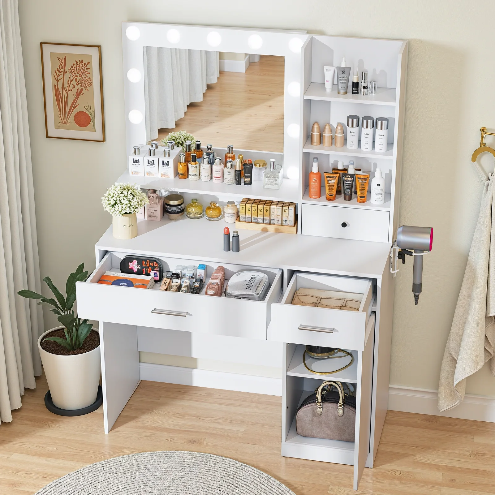 Blorly White Vanity Desk with Mirror, Makeup Vanity Table with LED Lights and Power Outlet, 3 Drawer, 4 Shelves, 1 Cabinet