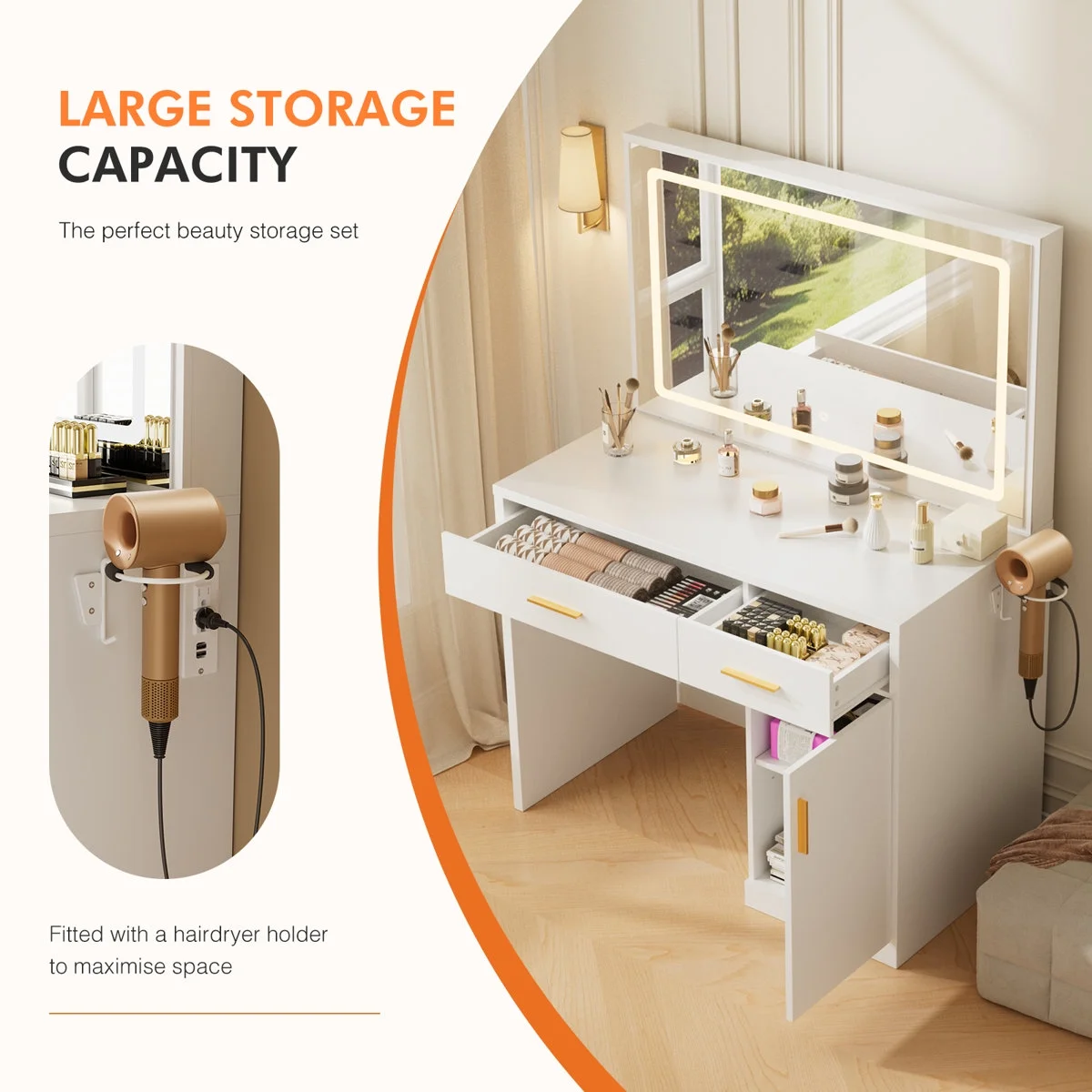 Blorly White Vanity Desk with Mirror, Makeup Vanity Table with LED Lights and Power Outlet, 3 Drawer, 4 Shelves, 1 Cabinet