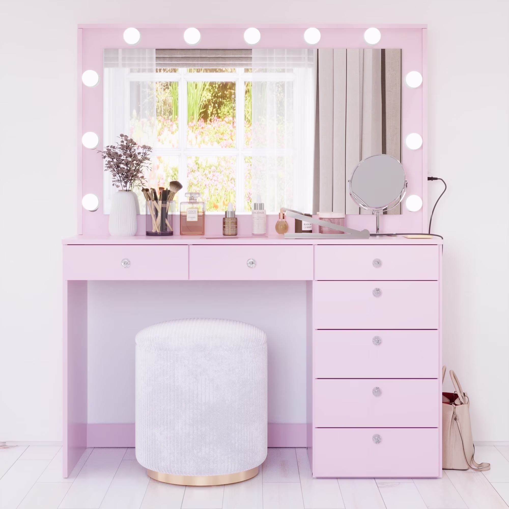 Boahaus GRWM Diana White Makeup Vanity with 7 Drawers, Mirror, Lights & Charging Station