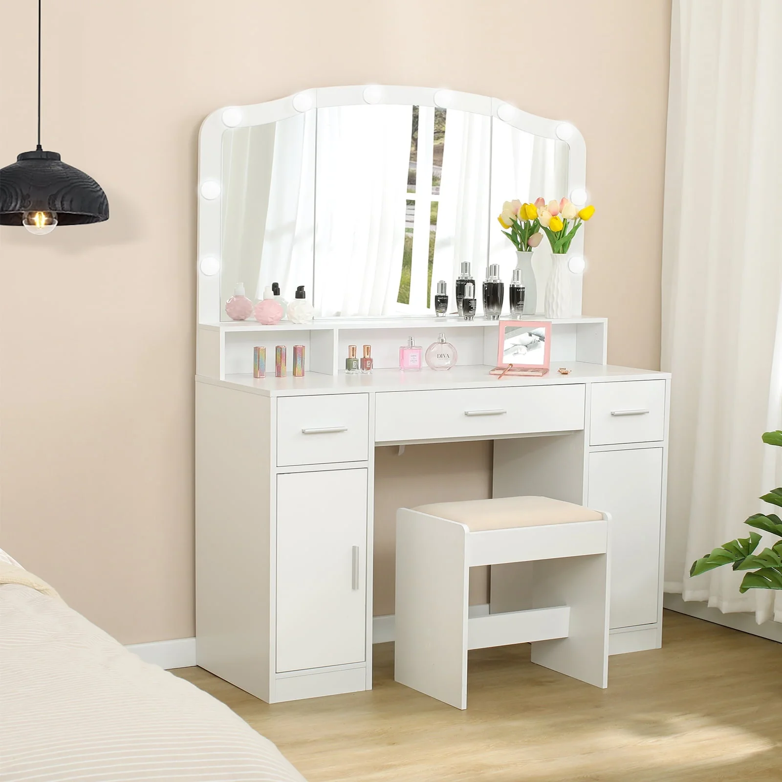 USIKEY Large Vanity Set with Large Lighted Mirror, Modern Makeup Vanity Table with 3 Drawers, 2 Storage Cabinets & 10 LED Bulbs and Cushioned Stool for Women, Bedroom, WhiteSZT32WD