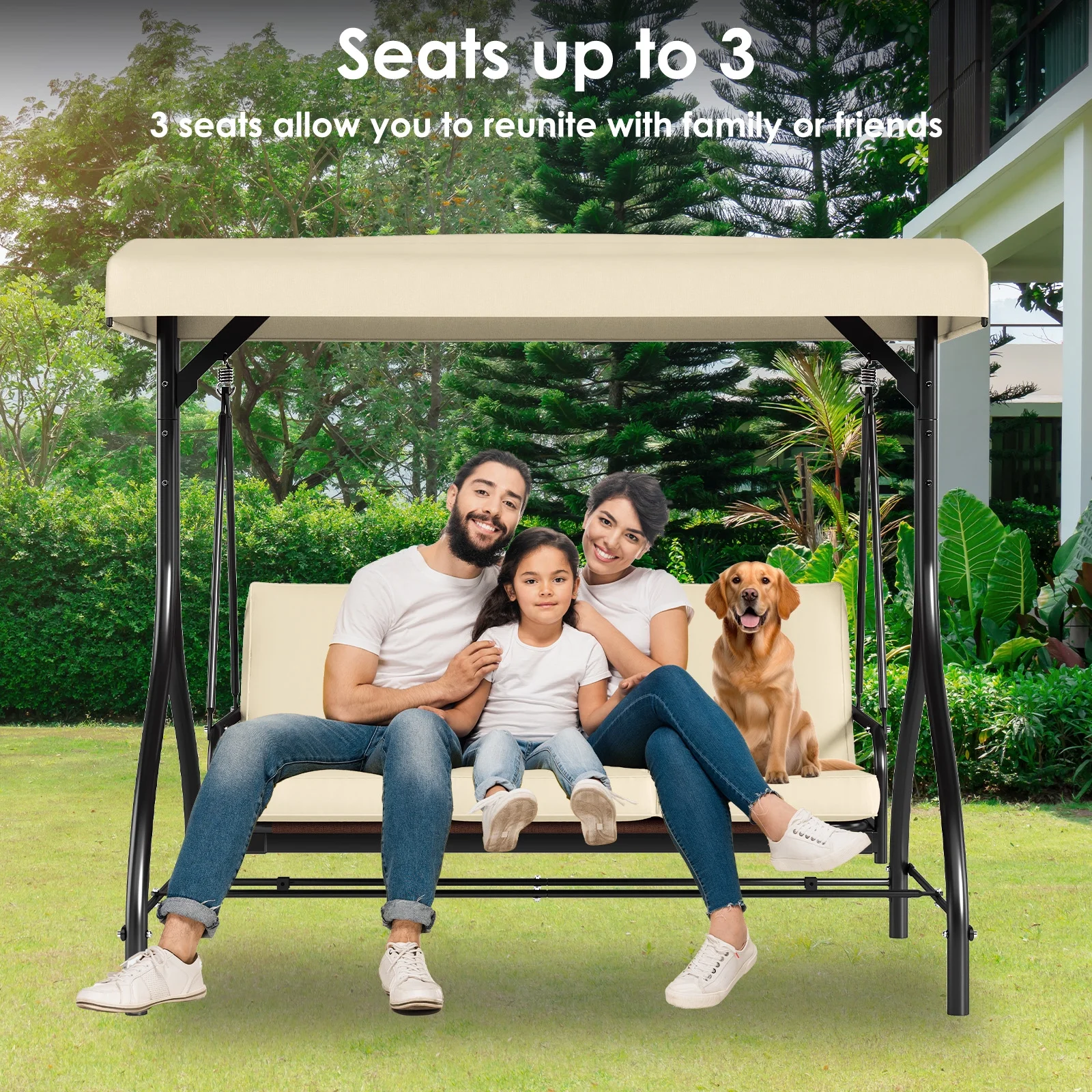 Pirecart 3 Person Patio Porch Swing Outdoor Converting Swing Glider Hammock with Adjustable Canopy, Cushions, Red