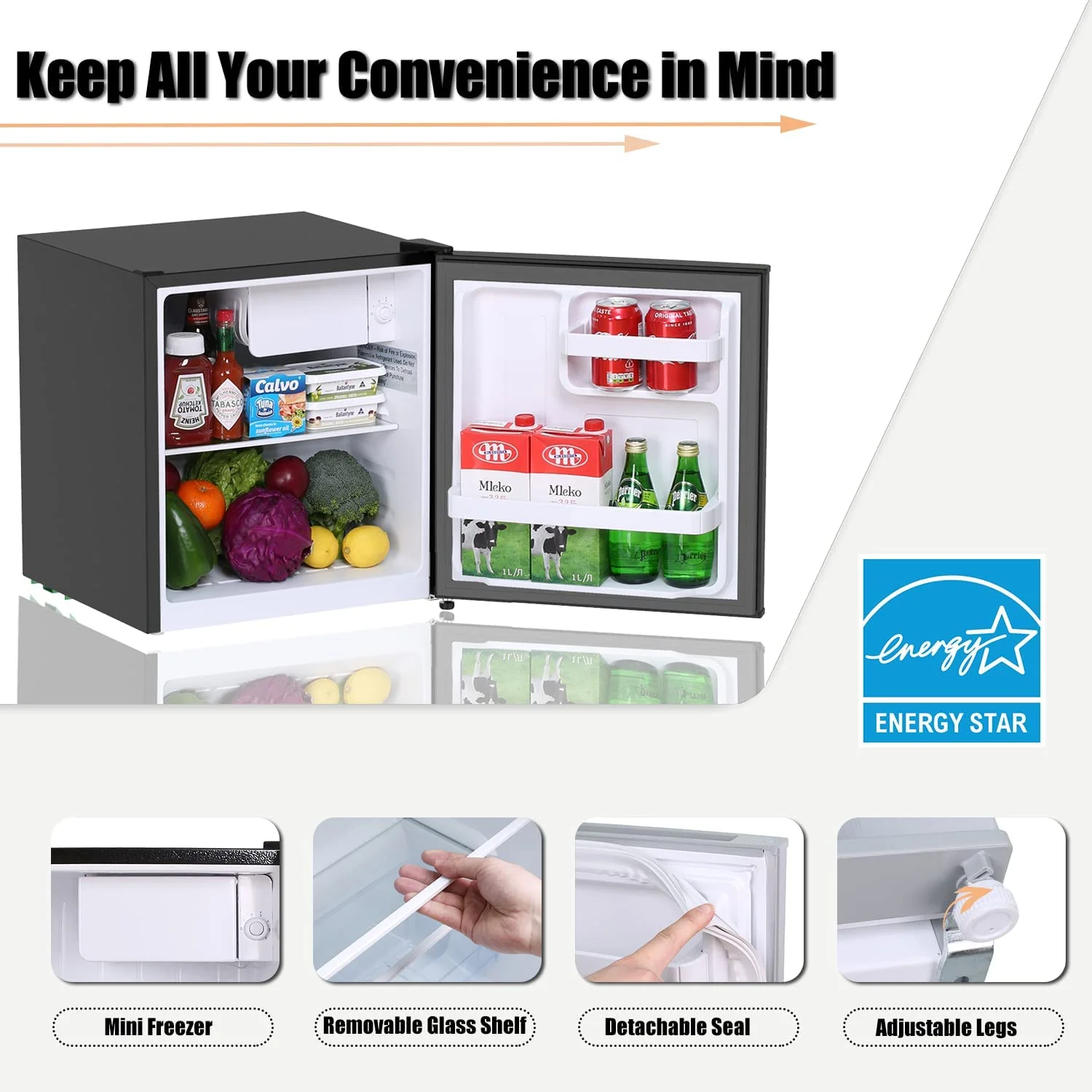 Frestec 1.6 Cu.Ft Mini Fridge with Freezer, Compact Refrigerator, Energy Efficient for Office, Apartment, Dorm, Bedroom