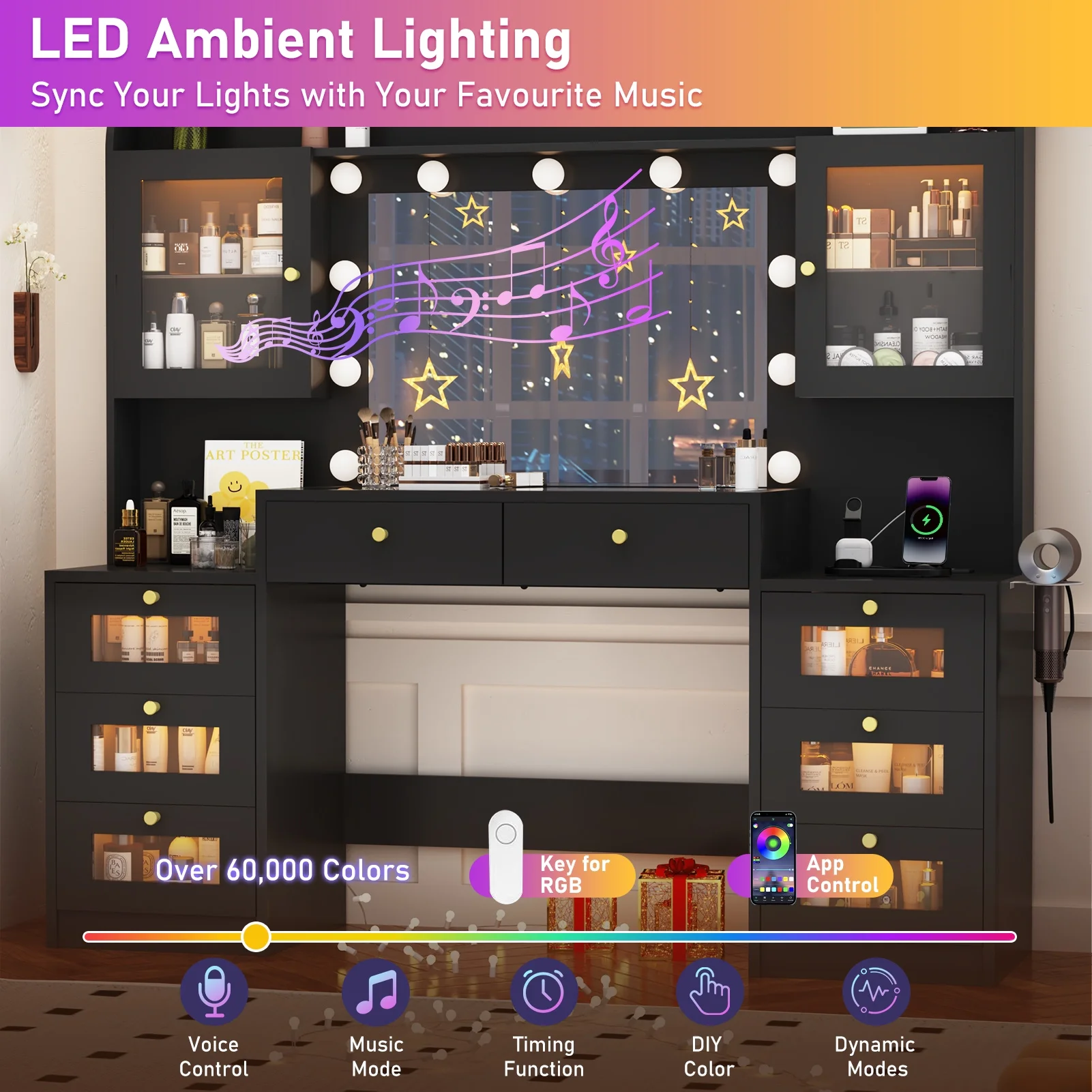 ChVans 62'' Large Vanity Desk with Tempered Glass Top, 11 LED Bulbs, Charging Station, Bedroom Makeup Vanity with 3 Lights Mode LED Mirror, 6 Translucent Drawers, 2 RGB cabinets for Women, Girls Gift