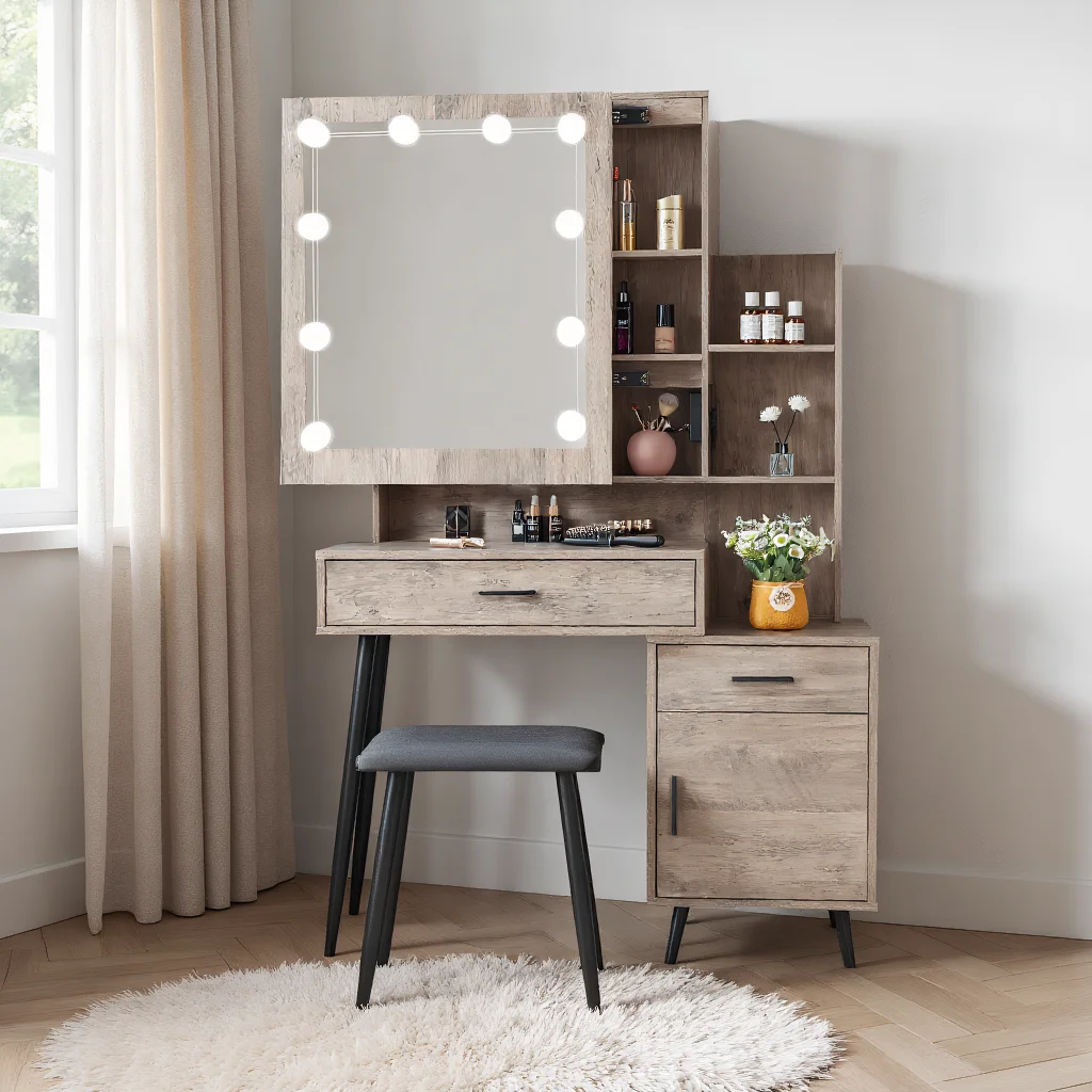 Kadyn Vanity Desk with Lighted Mirror, Vanity Table and Chair Set with 2 Drawers, Dressing Table Makeup Desk with 1 Door, Retro Gray