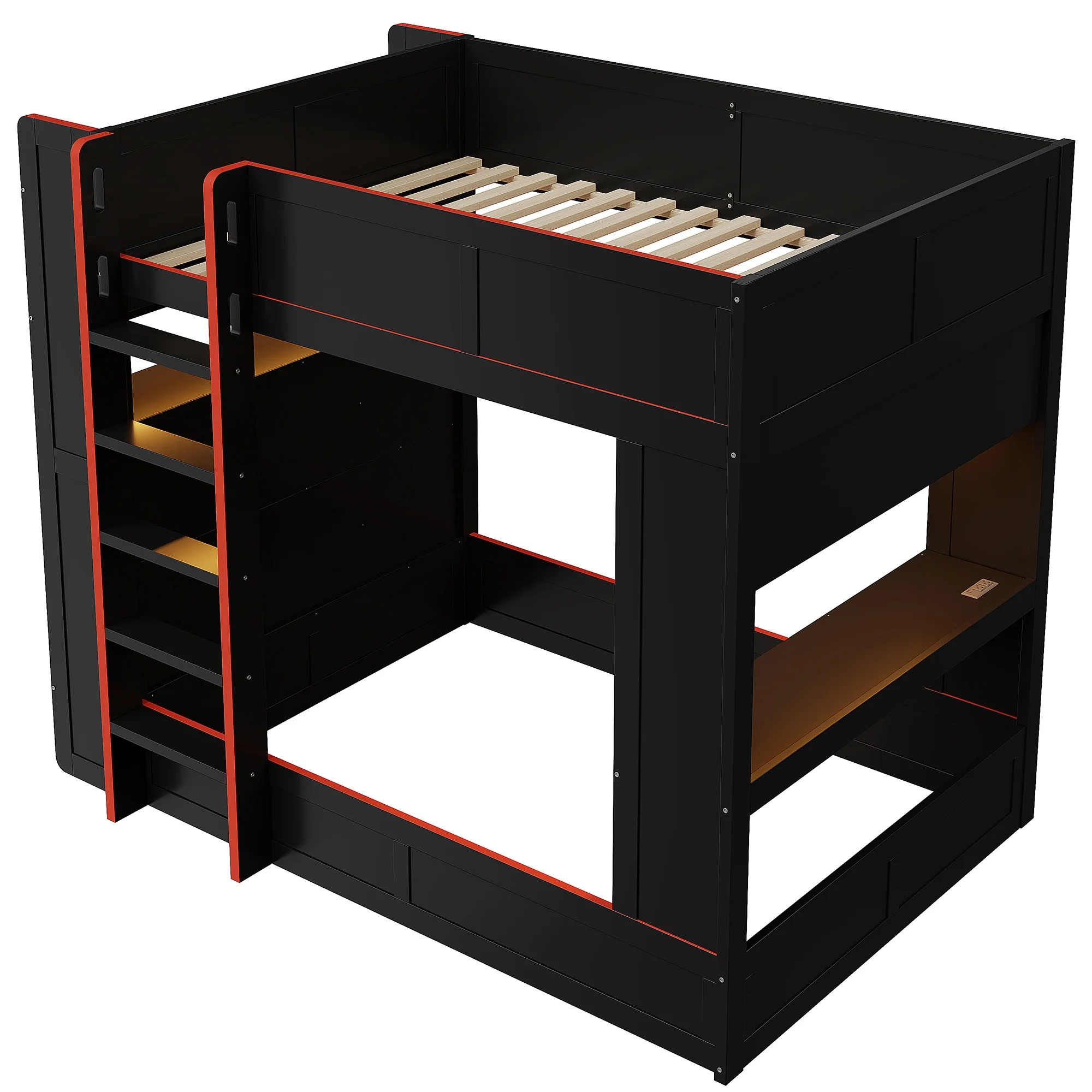 Euroco Wood Full Size Loft Bed with Desk and Shelves, Gaming Bunk Bed with LED Light and USB Charging, Black