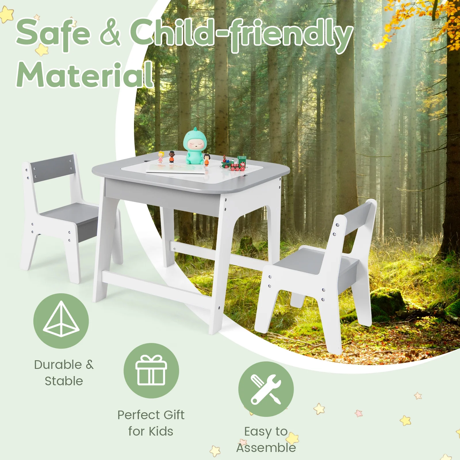 OLAKIDS Kids Table and Chair Set, 3 in 1 Wooden Activity Table with Removable Tabletop, Blackboard and Whiteboard for Toddlers Arts Crafts Drawing Reading Playing, Playroom Nursery (Natural)