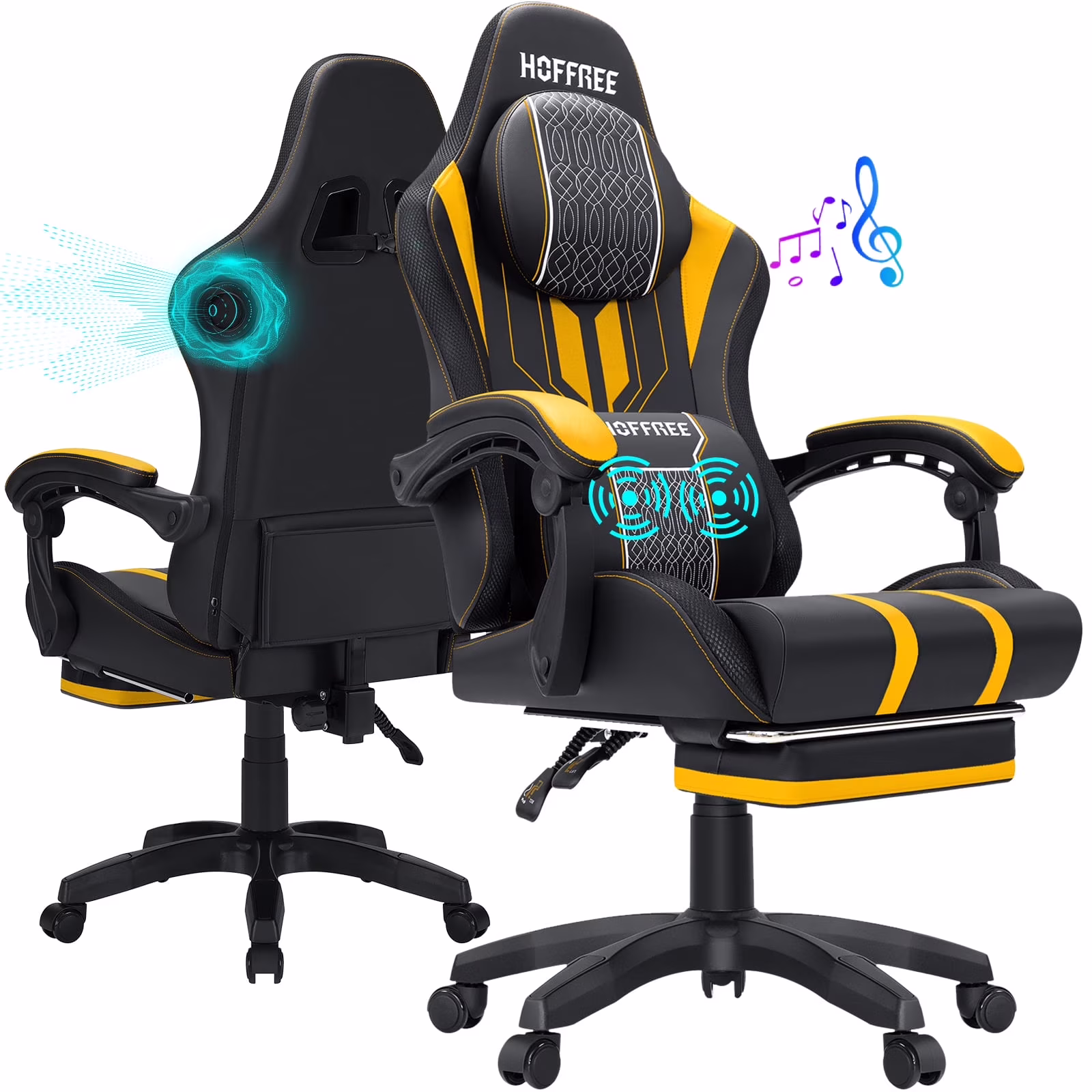 Hoffree Gaming Chair with Bluetooth Speakers Big and Tall Gamer Chair with Footrest and Massage Game Chair with Lumbar Support and 360-Swivel Seat and Headrest for Adults, 400lbs