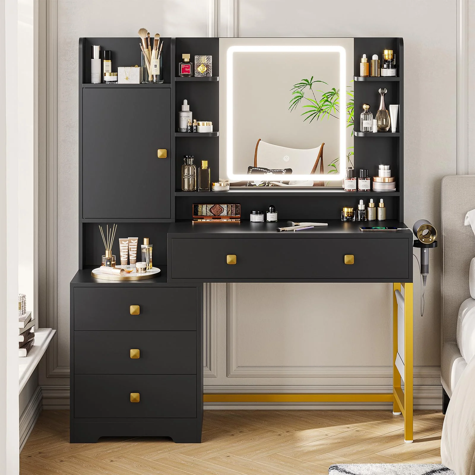 Makeup Vanity Desk with Lighted Mirror & Charging Stations & 6 Drawers Large Vanity Table Bedroom Dressing Table with Glass Tabletop&Side Cabinet&Glass Tabletop, Black