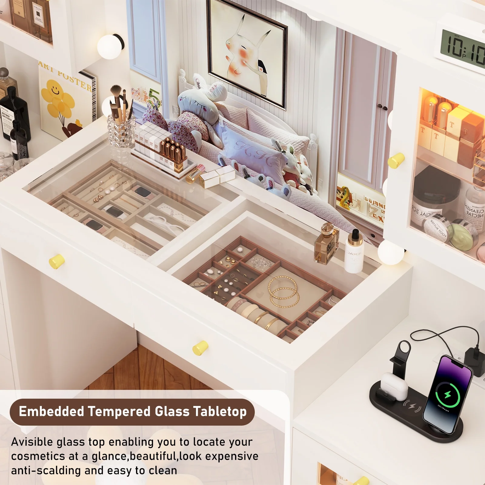 ChVans 62'' Large Vanity Desk with Tempered Glass Top, 11 LED Bulbs, Charging Station, Bedroom Makeup Vanity with 3 Lights Mode LED Mirror, 6 Translucent Drawers, 2 RGB cabinets for Women, Girls Gift