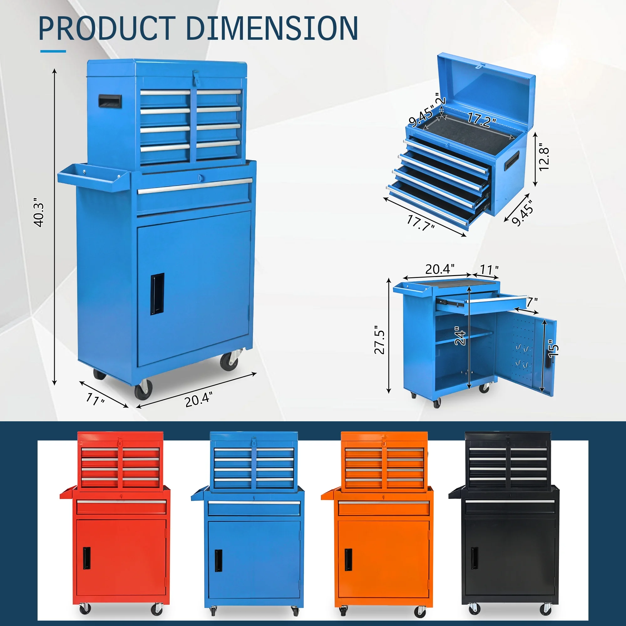 Tool Chest, 5-Drawer Rolling Tool Storage Cabinet with Detachable Top Tool Box, Universal Lockable Wheels