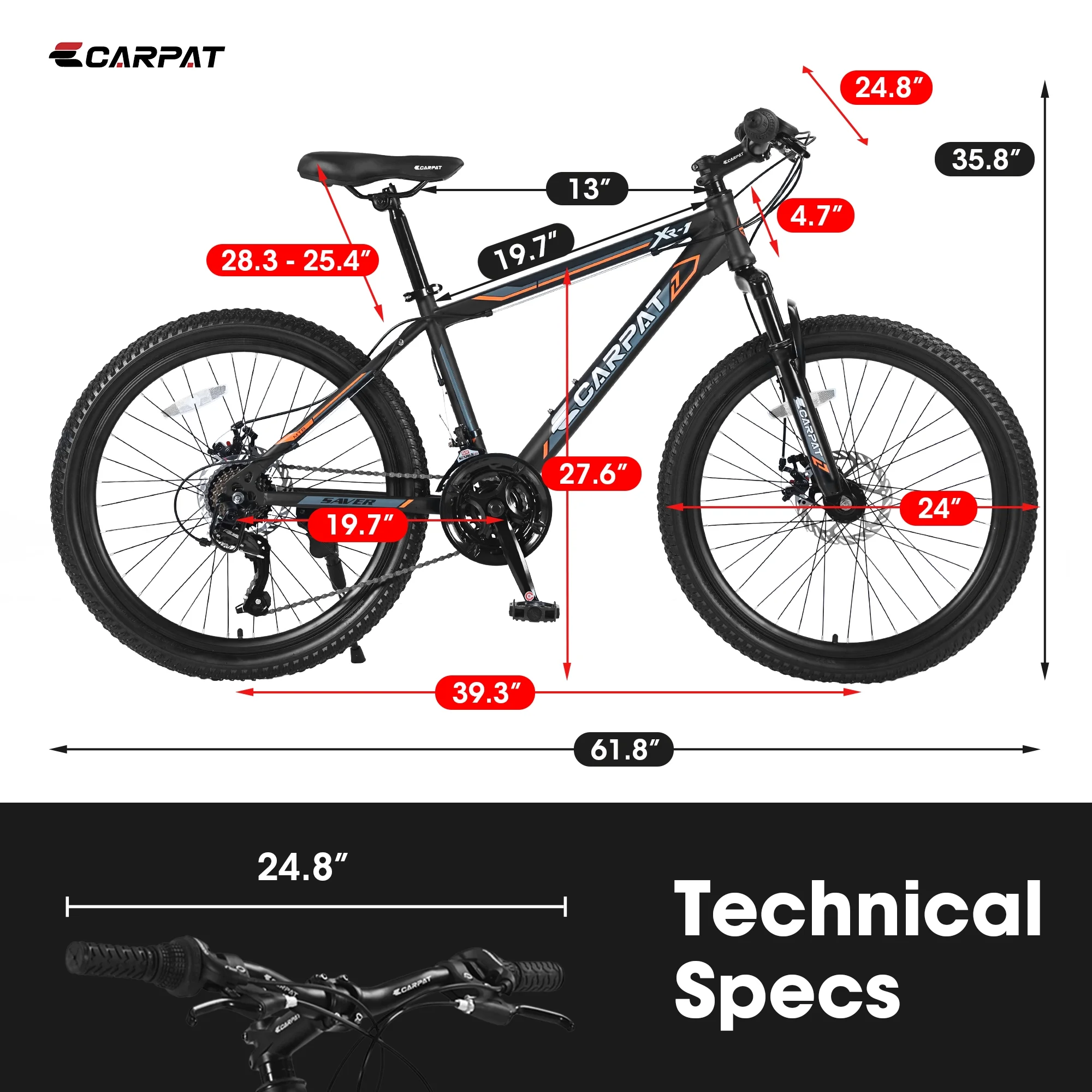 Ecarpat Mountain Bike, 24-Inch Wheels Bikes Shimano 21-Speed with High Carbon Steel Frame Mechanical Disc Brakes Front Suspension Fork for Youth Adults Multiple Colors
