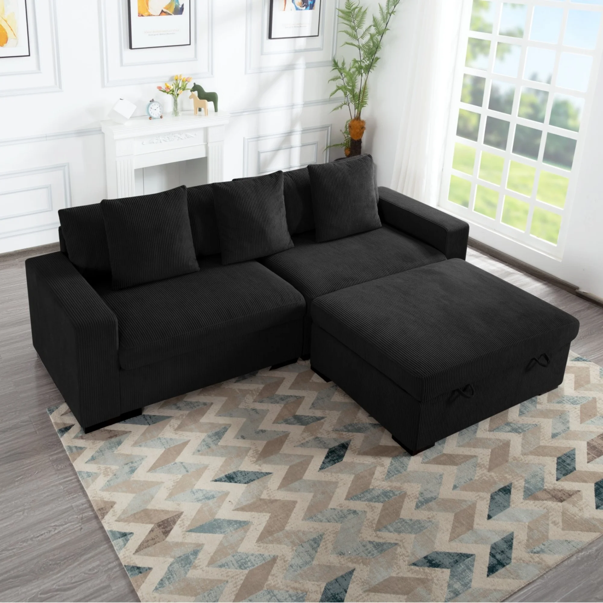 Gewnee 103.5-Inch Modular Corduroy Sofa Set with Solid Wood Legs, High-Density Foam, Suitable for Living Room/Bedroom/Office