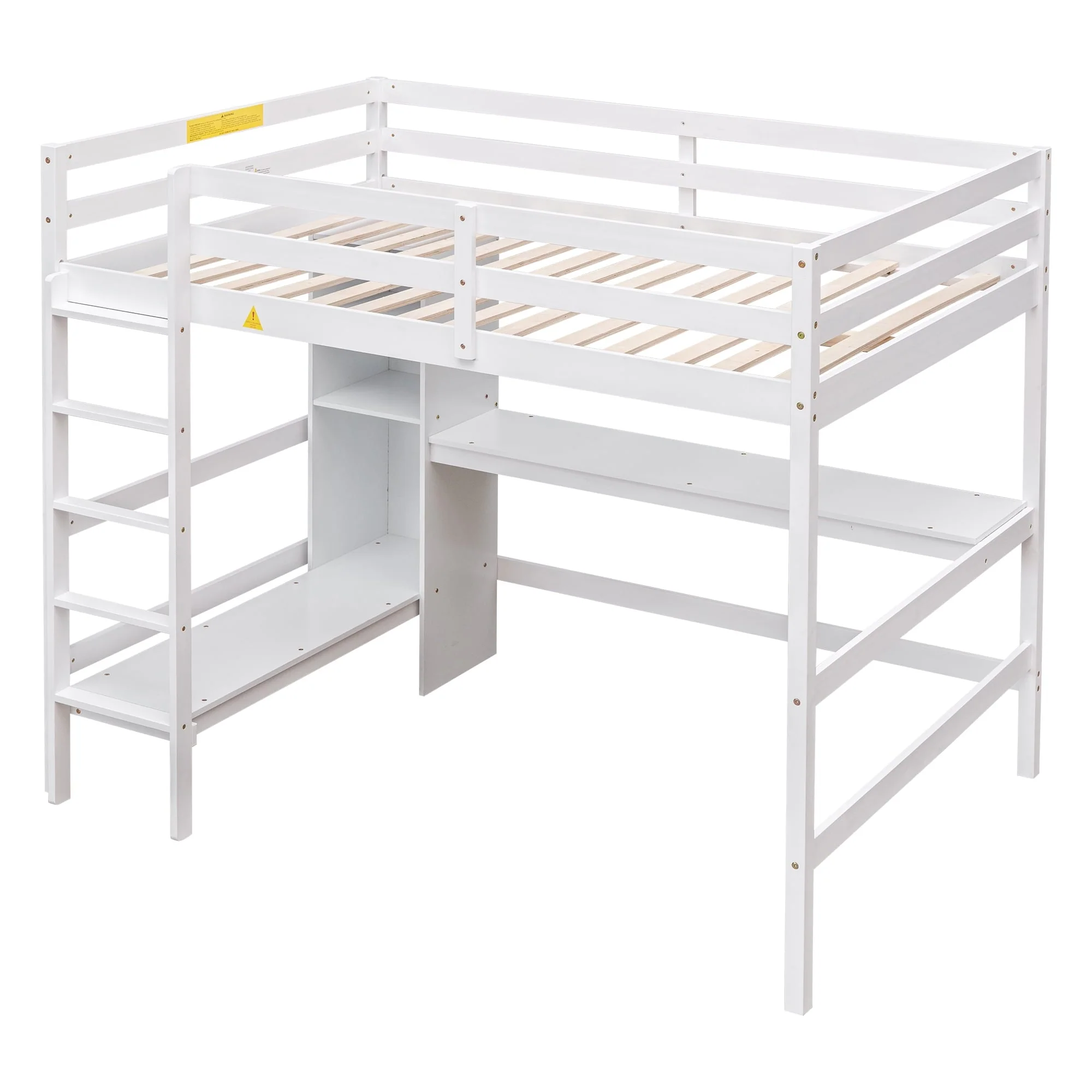 Euroco Full Size Loft Bed with Desk, Shelves and Bench for Kids Room, Solid Wood Bed with Relax Bench, White