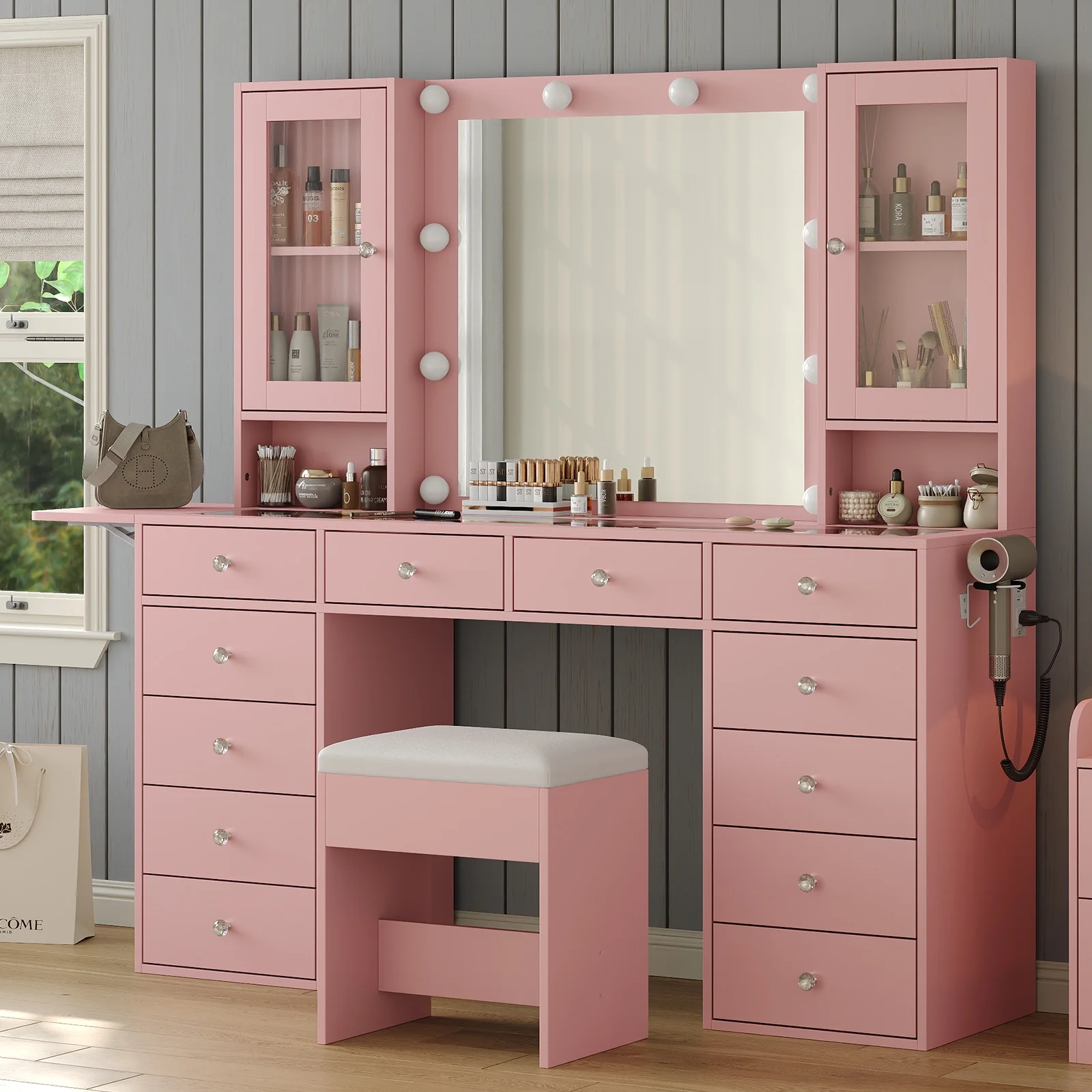 Vanity With Power Outlet, Vanity Desk With Mirror And 10 LED Lights, Makeup Vanity With 12 Drawers And 2 Cabinets, Fold-Up Panel, Glass Top Vanity Table With Chair For Bedroom