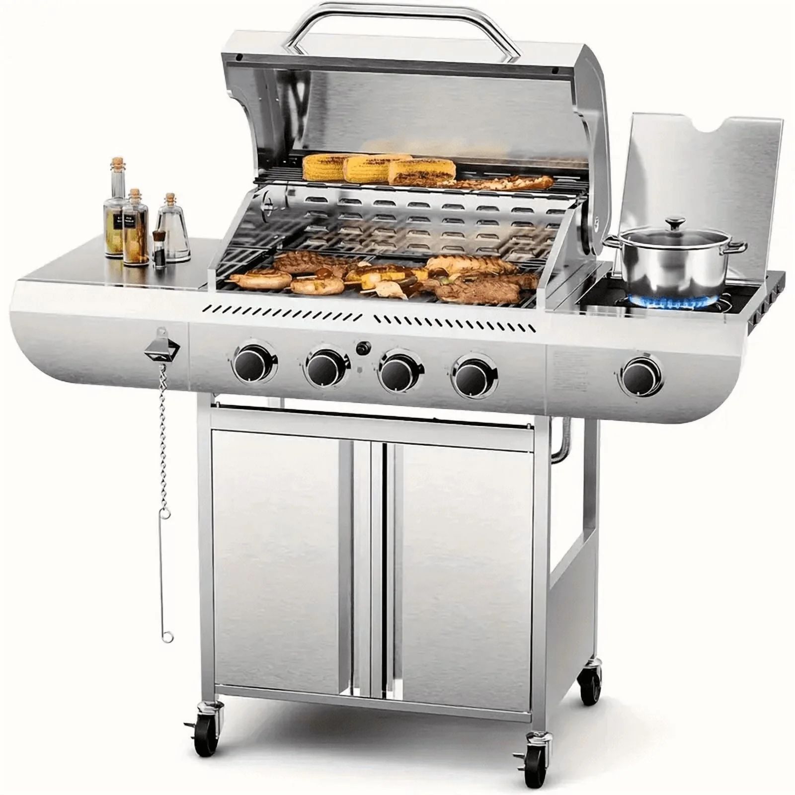 LHRIVER Stainless Steel 4 Burner Propane Gas Grill with Side Burner, Portable Outdoor Barbecue Grill, 45,000 BTU