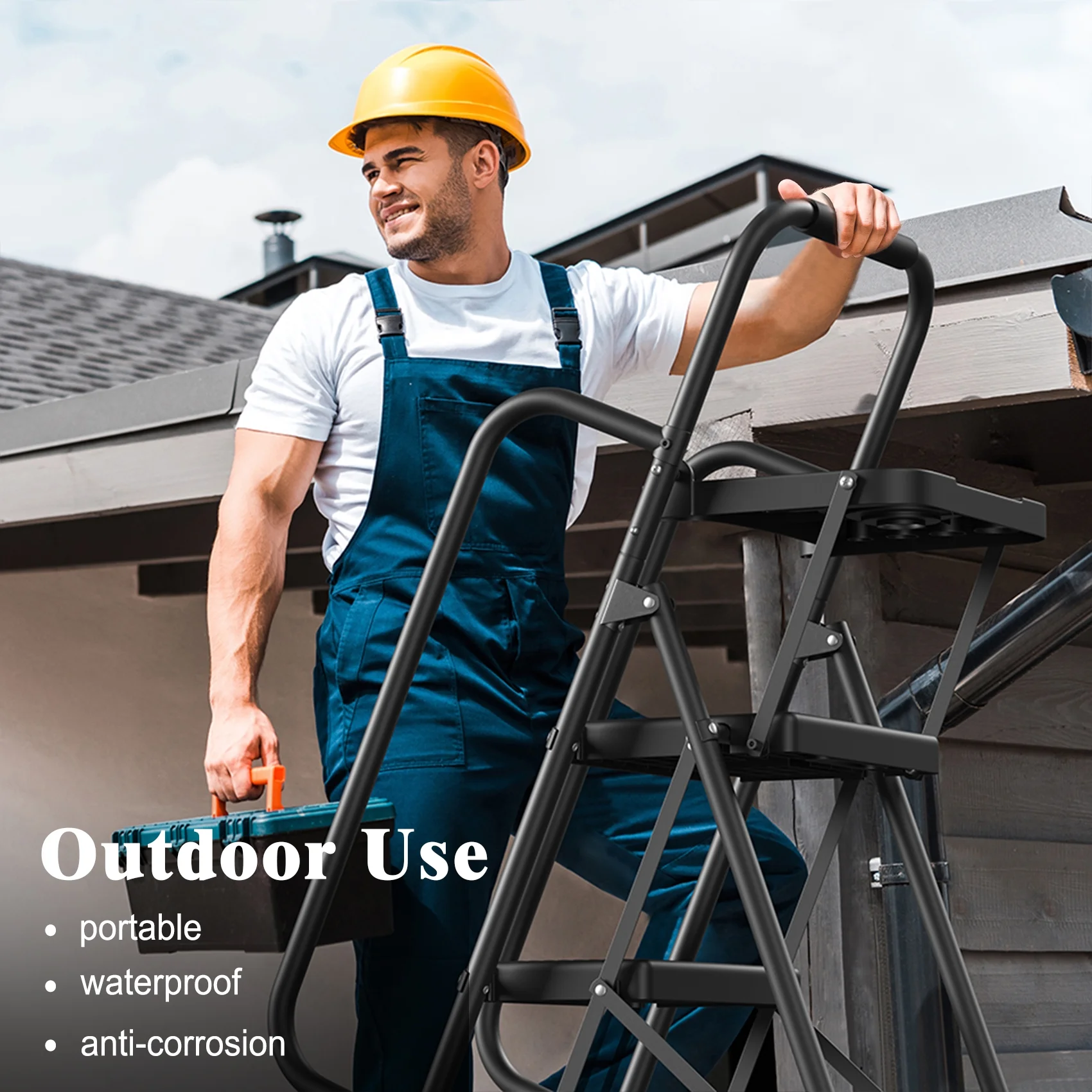 JOZ 5-Step Ladder, 350lbs Portable Folding Ladders for Home, with Handrails and Tool Tray and Anti-Slip Pedal, Black