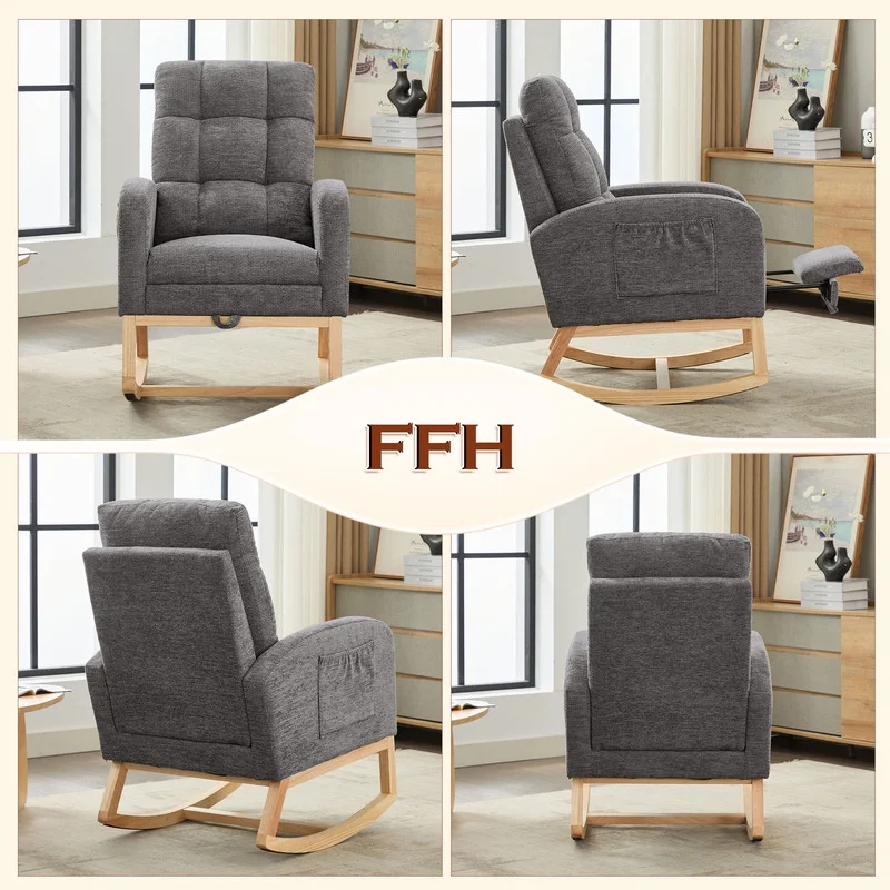 FFH Rocking Chair Nursery, Tufted Accent Rocker Chair, Upholstered Armchair with Adjustable Footrest, Side Pocket, High Backrest, Padded Seat, Polyester Blend (Retro, Dark Gray)