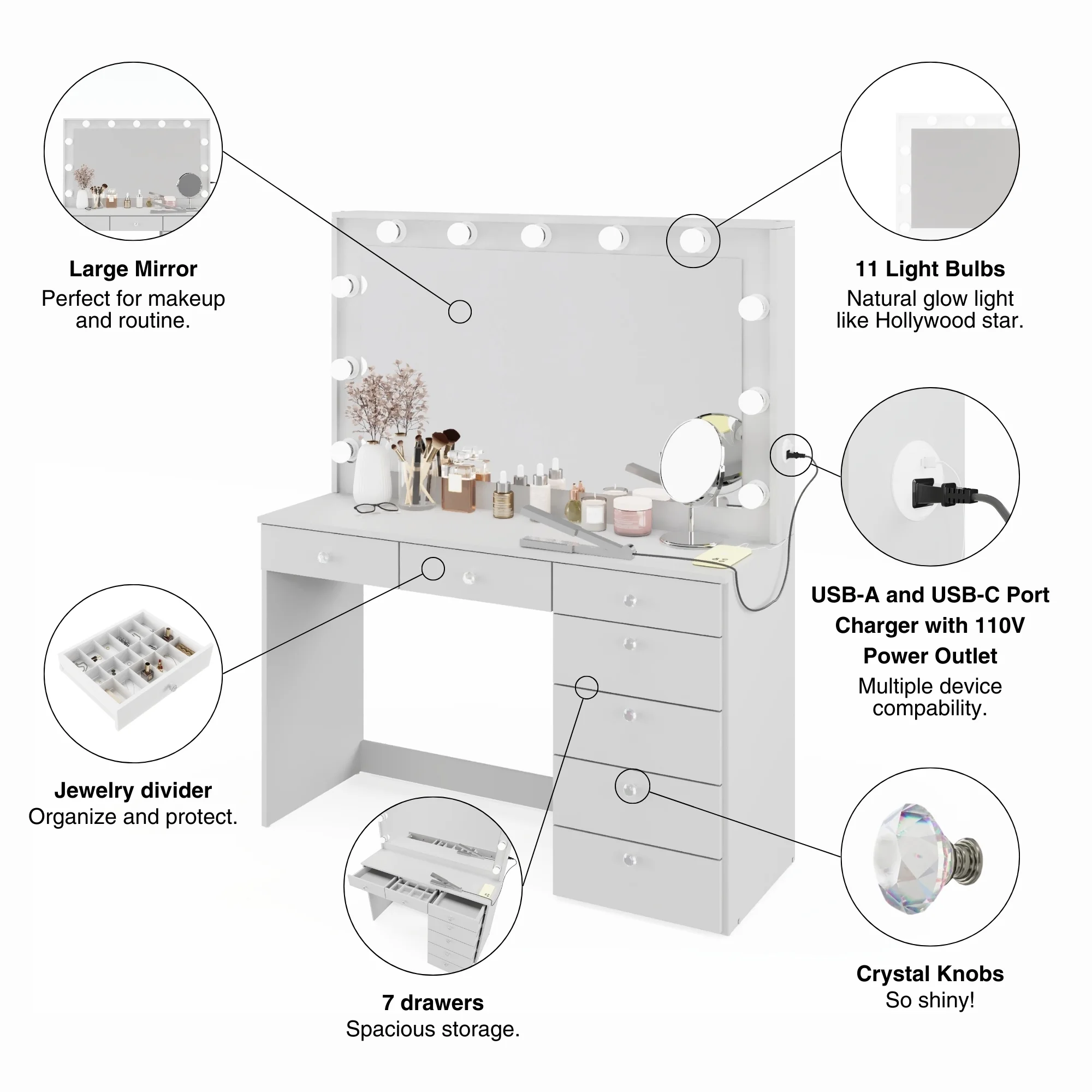 Boahaus GRWM Diana White Makeup Vanity with 7 Drawers, Mirror, Lights & Charging Station
