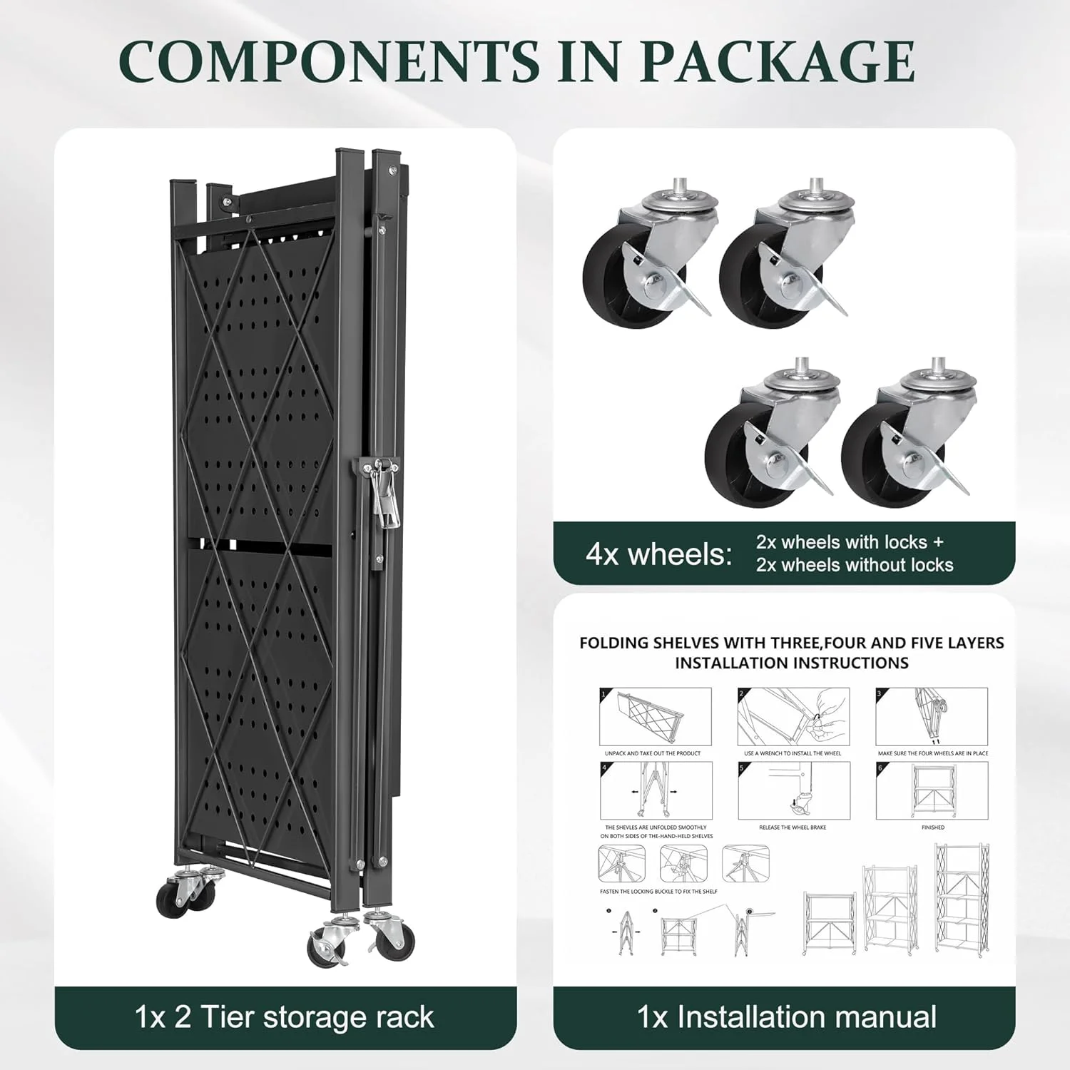 Foldable 4-Tier Storage Shelves with Wheels, No Assembly Bookshelf, Heavy Duty Kitchen Racks and Shelves, Rolling Microwave Cart, White