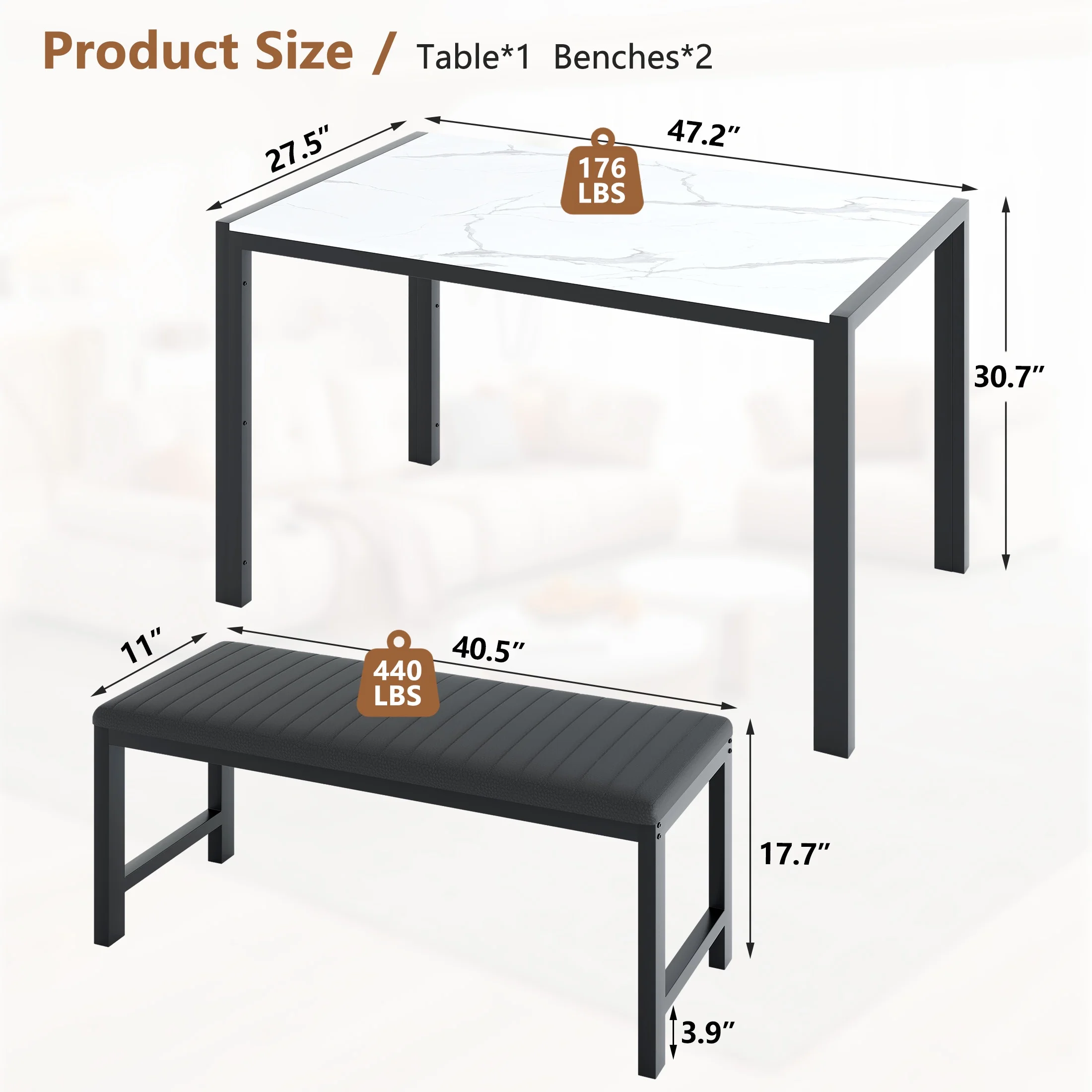 UHOMEPRO Dining Room Table Set, 3-Piece Dining Table Set with 2 Benches, Kitchen Table Set for 4 with Metal Frame, Modern Dining Room Set Furniture Set for Bar Dining Room Breakfast Nook, Black