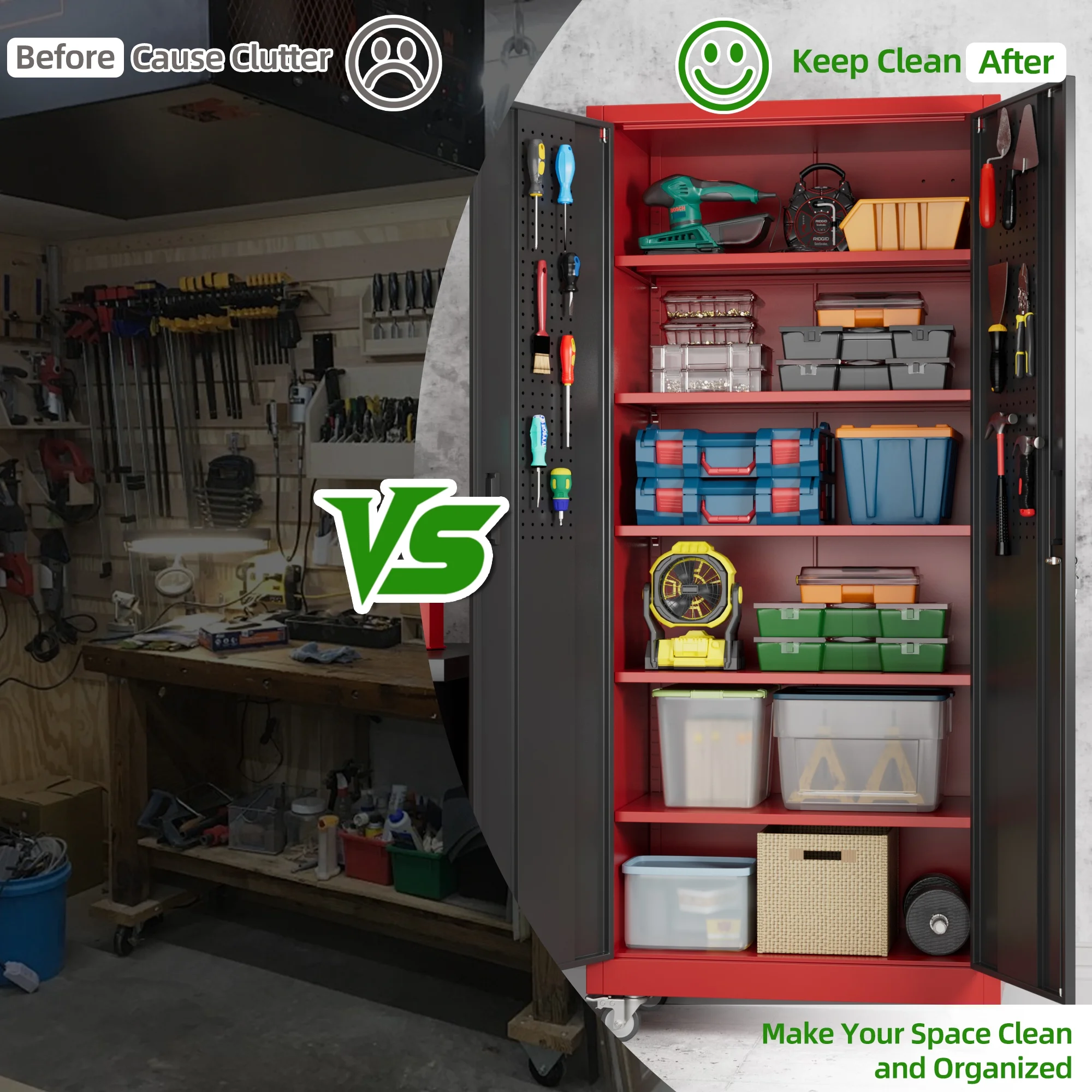 SUPEER Metal Rolling Storage Cabinets with Locking Doors and 5 Adjustable Shelves, Steel Garage Storage Cabinet for Garage, Office, Classroom, Assemble Required(Black)