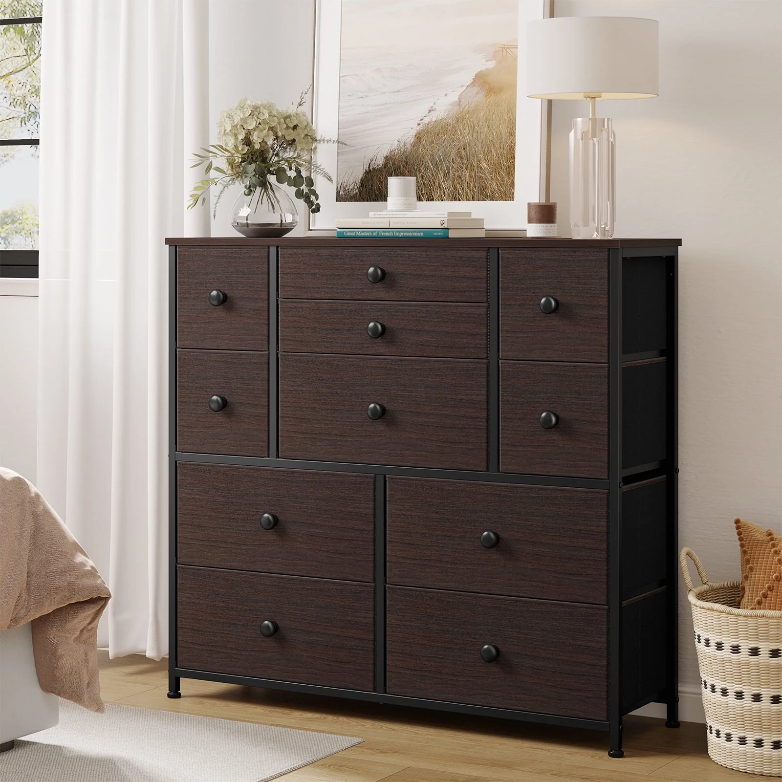 REAHOME 11 Fabric Drawers Dresser Chest of Drawers for Bedroom Faux Leather Rustic Brown Finish with Wood Top Sturdy Steel Frame