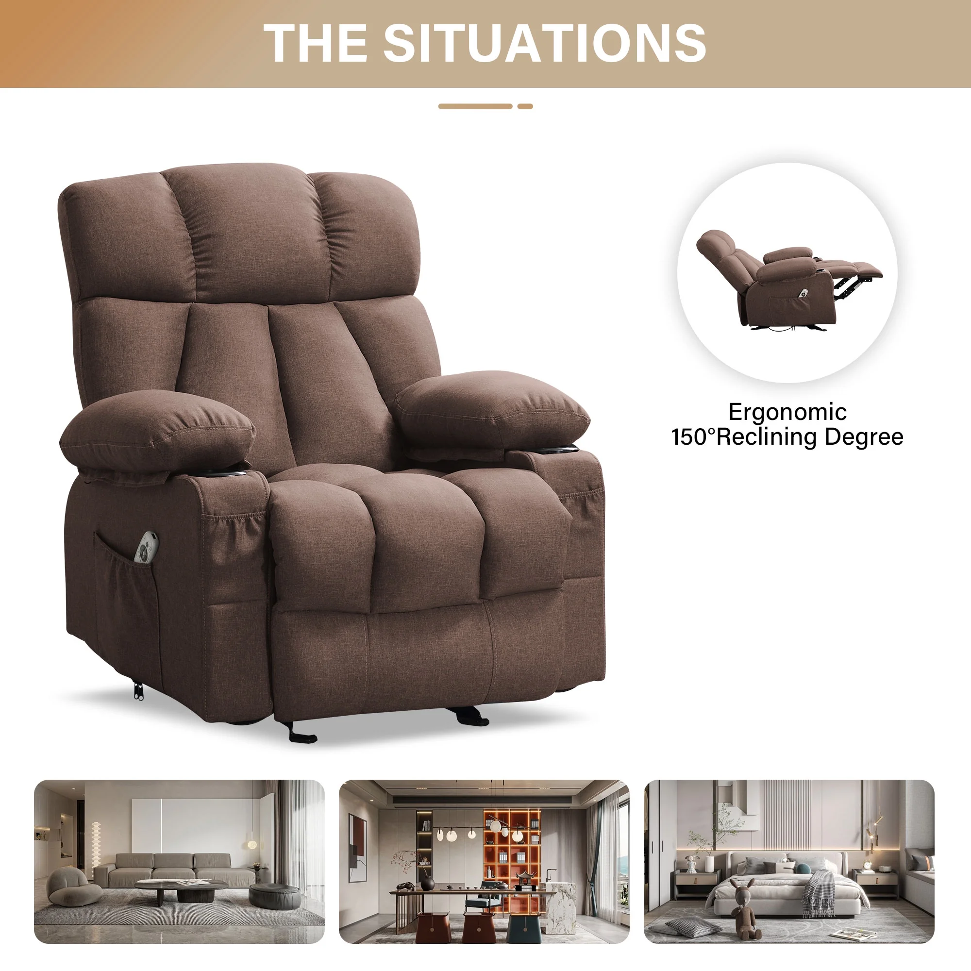 JONPONY Manual Recliner Chair with Heat Therapy and Massage Function, Heavy Duty Reclining Mechanism Massage Chair, Elderly Single Rocker Sofa with Cup Holders for Bedroom Home Theater,Grey