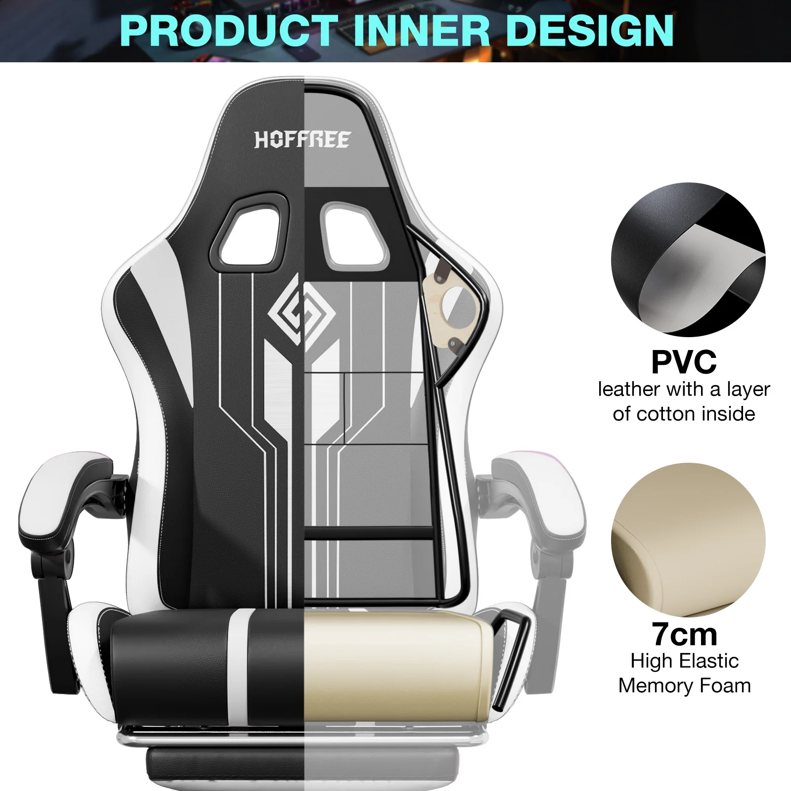 HOFFREE Big and Tall Gaming Chair with Speakers and RGB Lights, Gamer Chair with Footrest, Lumbar Support Height Adjustable 360-Swivel Seat and Headrest for Adults, 400lbs