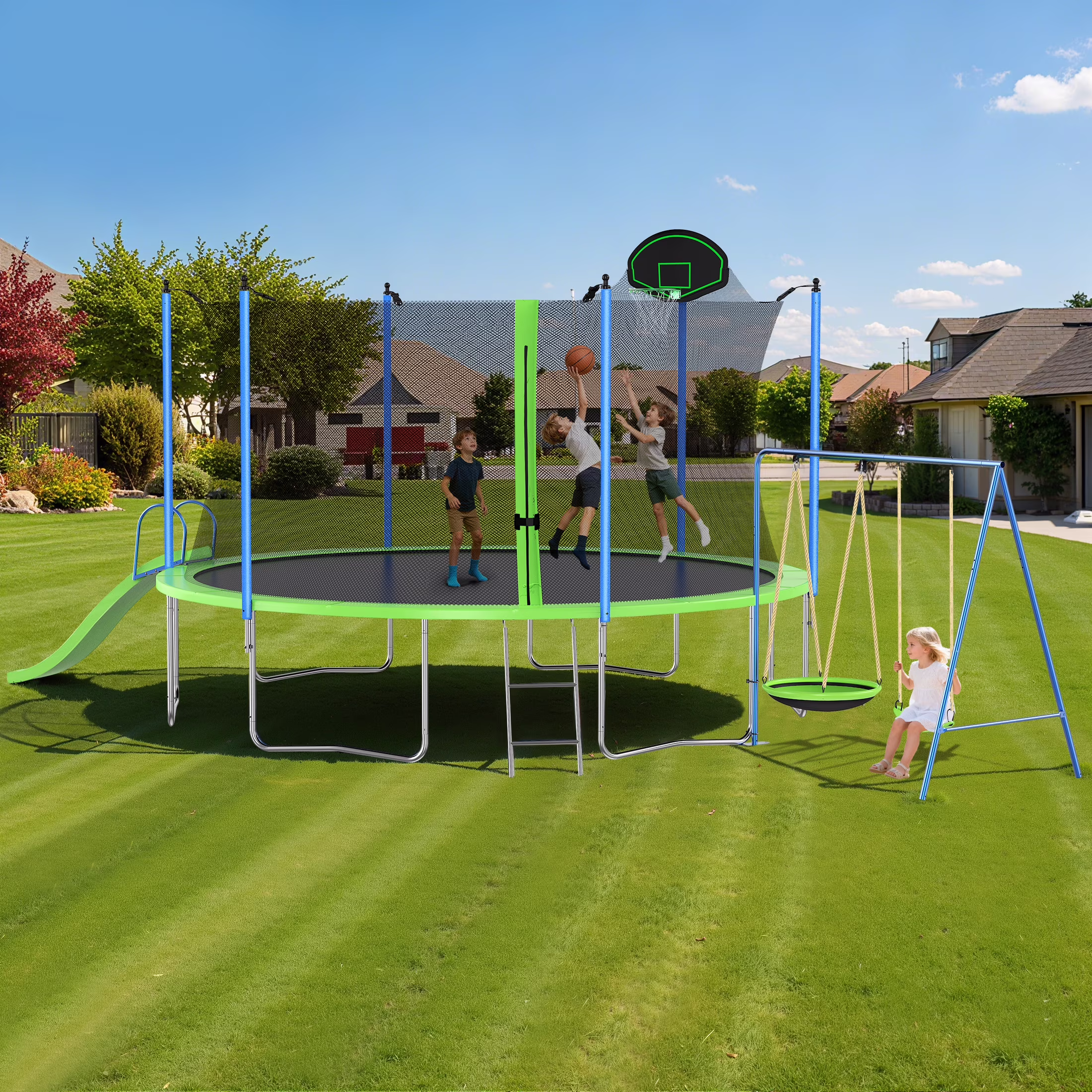 12FT Trampoline with Slide, Swings, SEGMART Recreational Trampoline with Basketball Hoop and Ladder, Heavy Duty Outdoor Backyard Trampoline with Net for Kids and Adults, Green