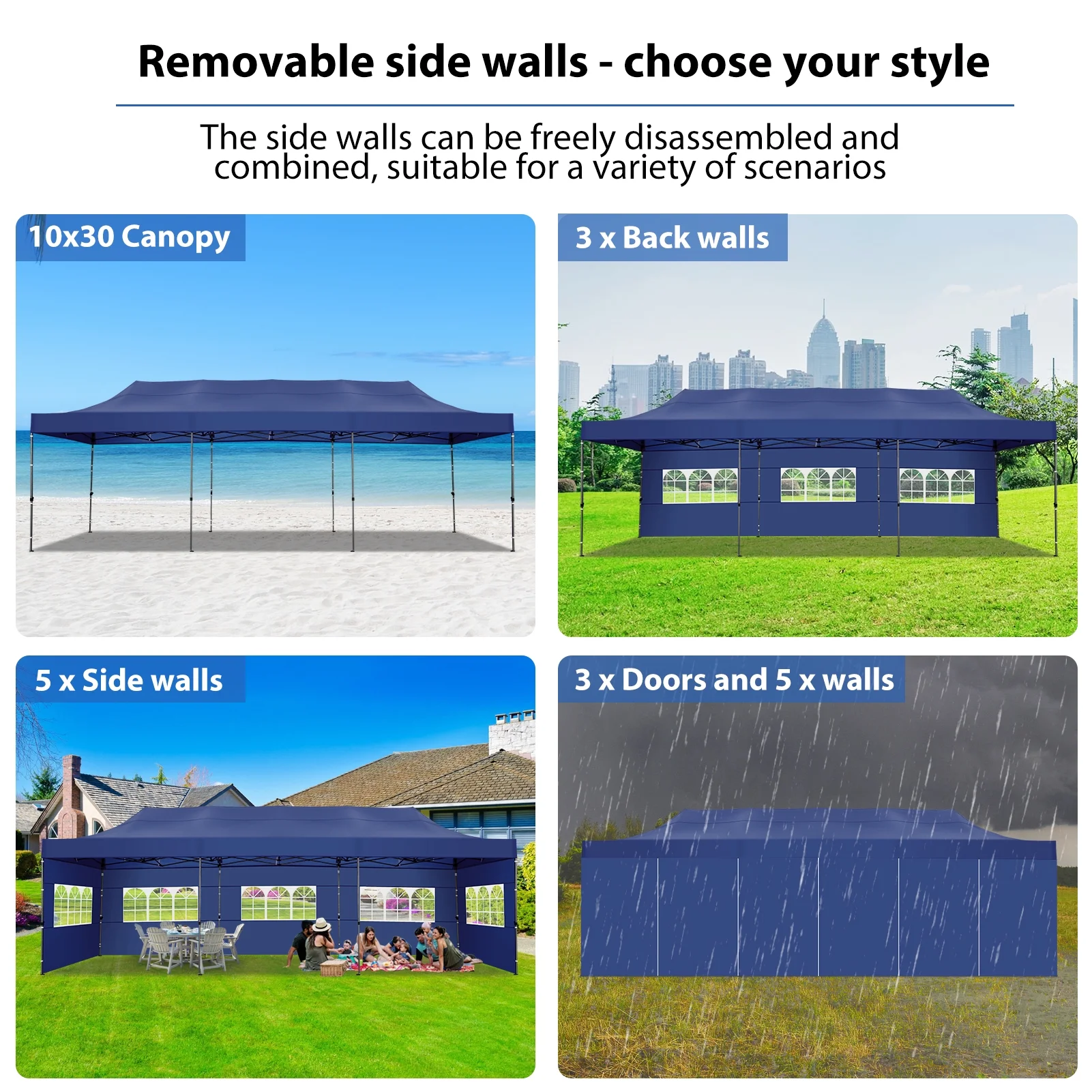 SANOPY 10'x30' Canopy Heavy Duty Pop Up Canopy Tent Outdoor Gazebo Shelter Portable Instant Commercial Wedding Party Tent with 8 Removable Sidewalls&3 Heigh Adjustable&Roller Bag,Dark Blue