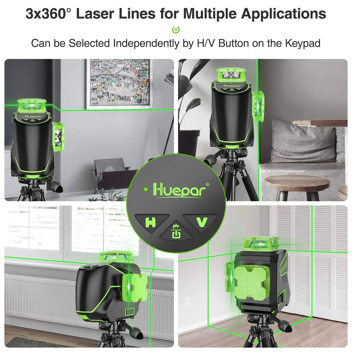Huepar 3 x 360 Degree Cross Line Laser Level 3D Self-leveling Tiling Floor Green Beam Laser Leveler Tools with Li-ion Battery & Pivoting Base S03DG-L