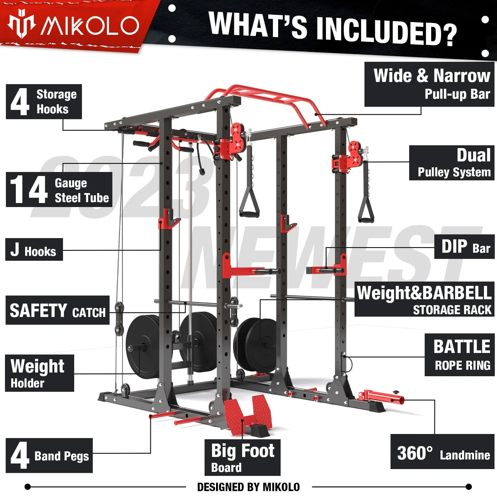 Mikolo Power Rack Cage, 1500LBS Weight Cage with 800LB Capacity Adjustable Weight Bench, Multi-Function Workout Rack Cage with Storage System, J-Hook, Band Peg, Battle Rope Ring Home Gym