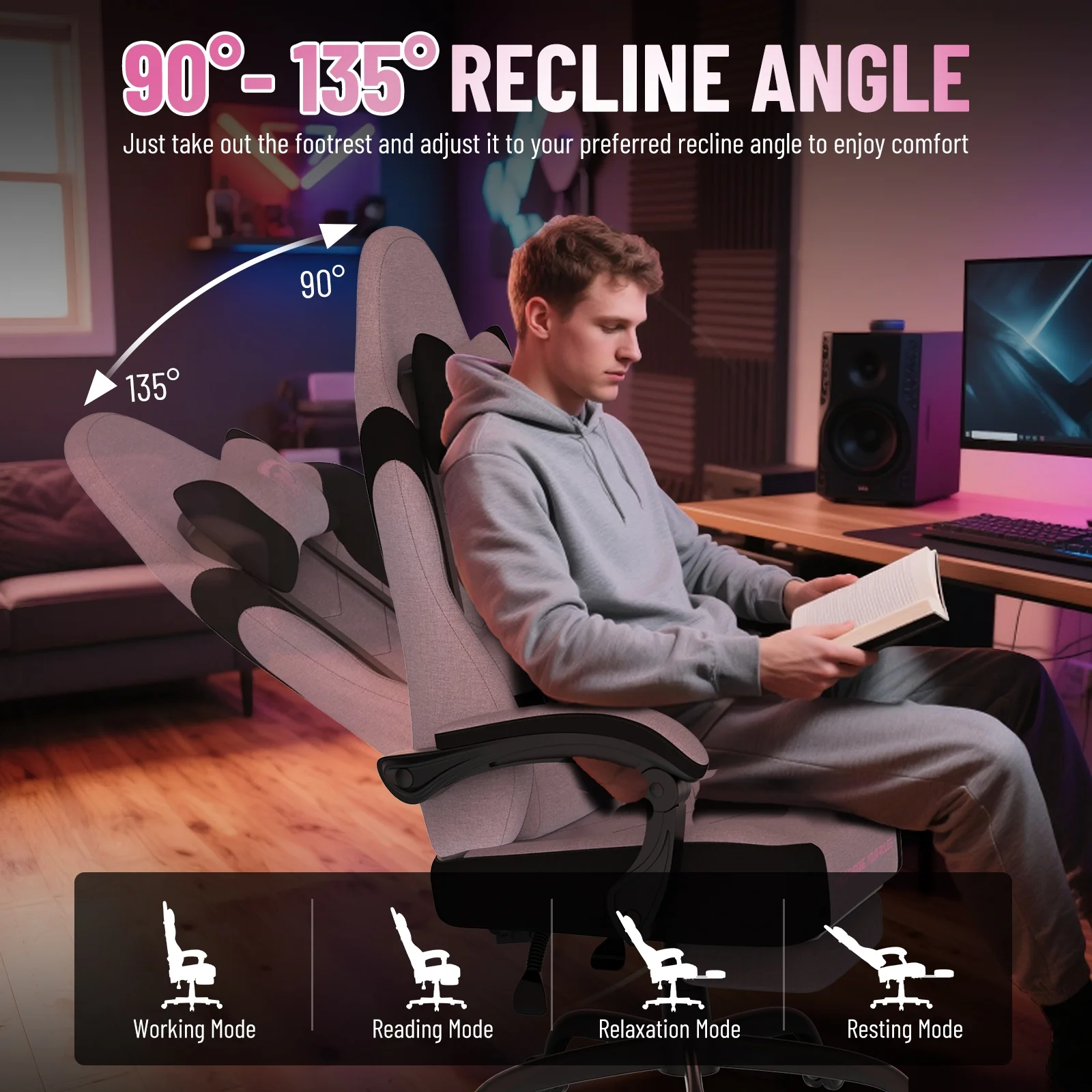 SOONTRANS Gaming Chair for Adults, Ergonomic Linen Fabric Computer Chair with Massage Lumbar Pillow, Gamer Game Chair with Adjustable Headrest, Comfortable Office Chair for Home, White