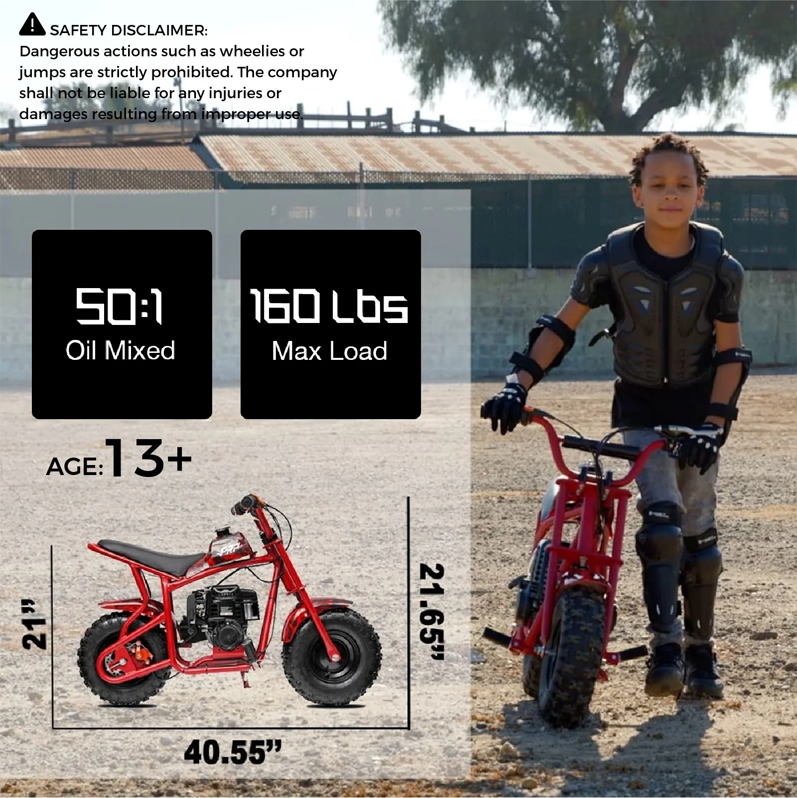 FRP 50cc Gas Dirt Bike - Red Mini Motorcycles for Young Riders, Gas Powered Mini Bike with Safety Kill Switch, Tubeless Tires, Easy Pull Start, and EPA Approved (Red)