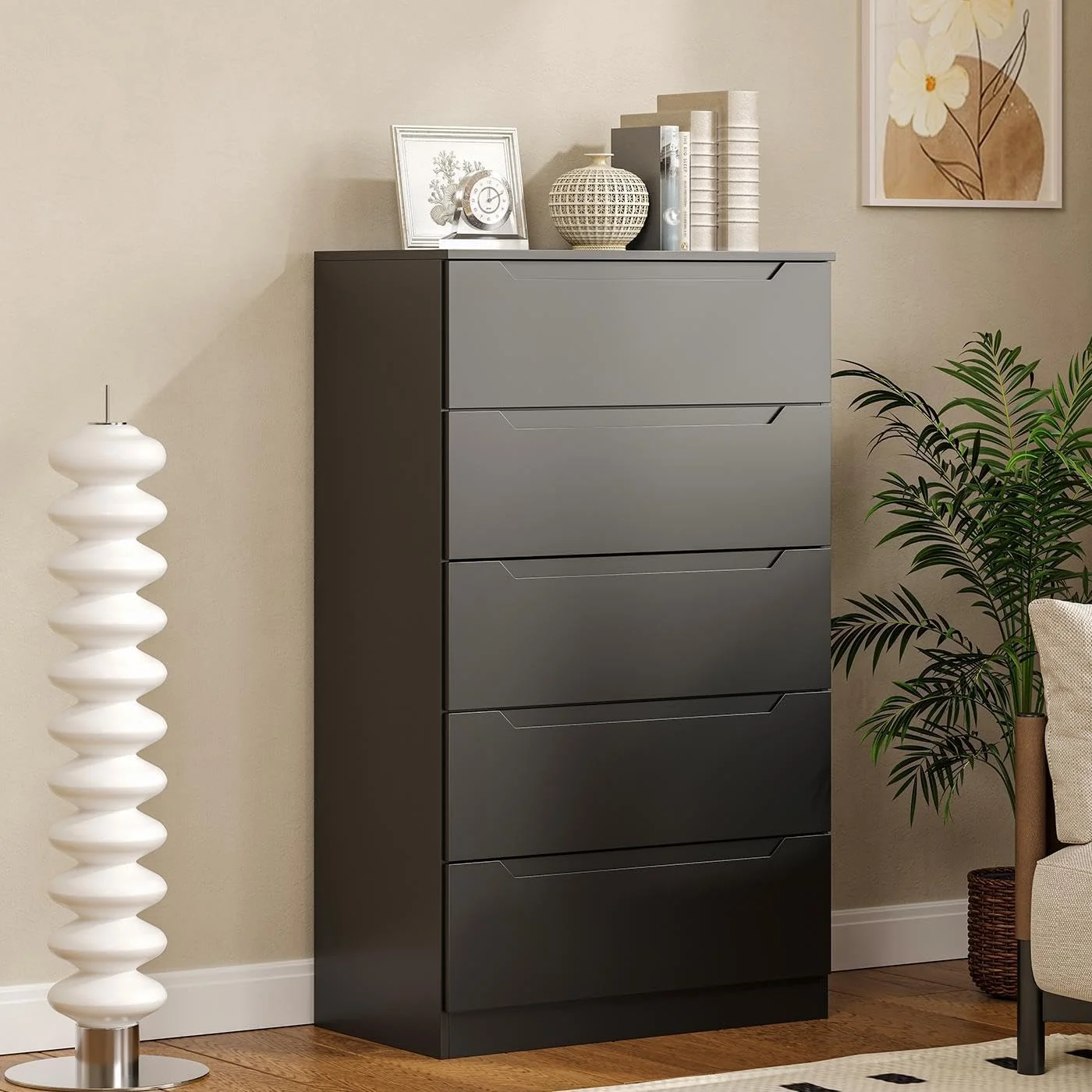 Winkalon Vertical 5 Drawer Dresser, Wood Storage Cabinet with Upgraded Stable Base for Bedroom Living Room, Black