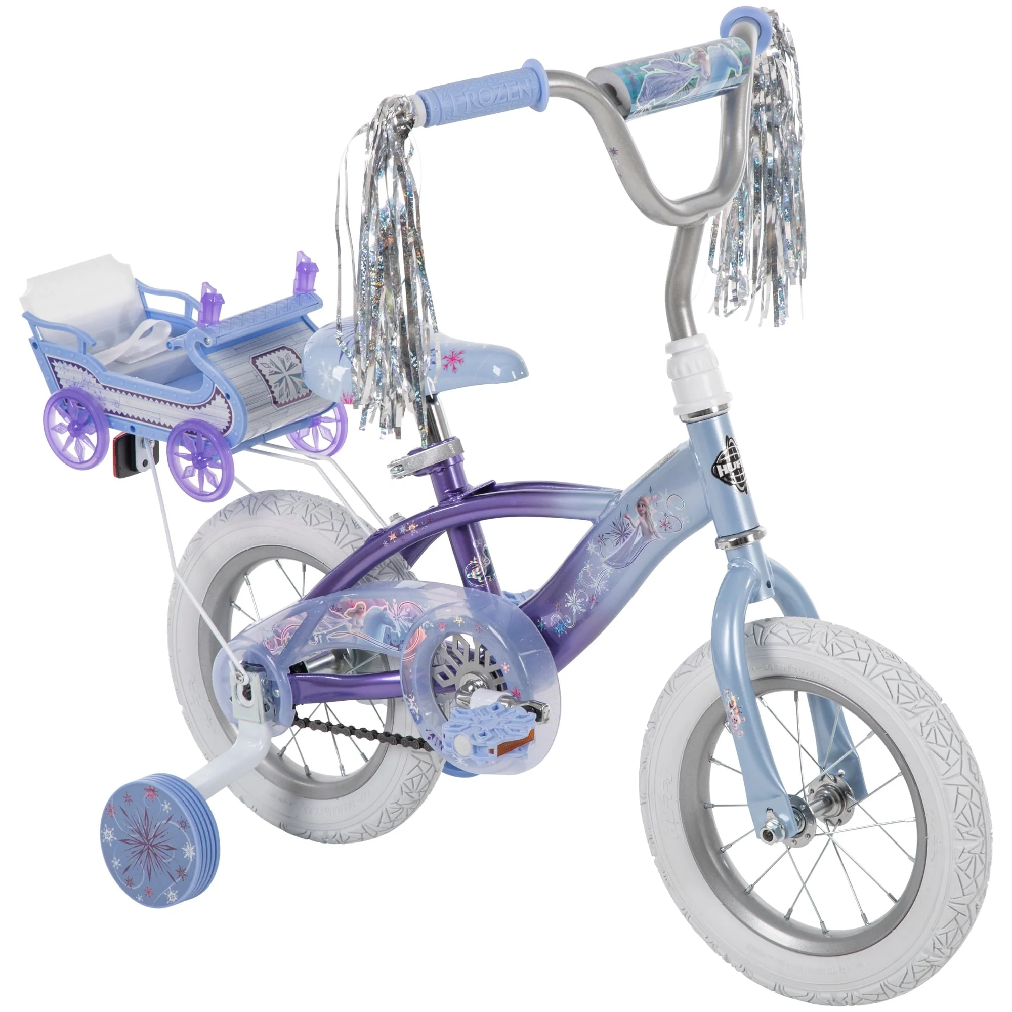 Disney Frozen 12 in. Bike with Doll Carrier Sleigh for Girl's, Ages 2+ Years, White and Purple by Huffy