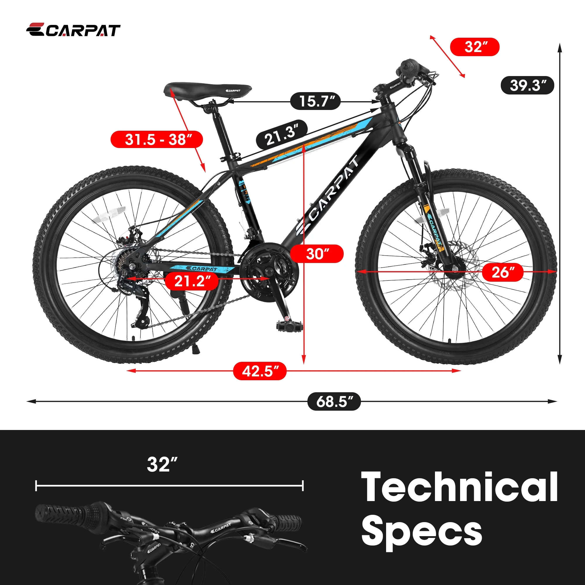 Ecarpat Mountain Bike, 24-Inch Wheels Bikes Shimano 21-Speed with High Carbon Steel Frame Mechanical Disc Brakes Front Suspension Fork for Youth Adults Multiple Colors