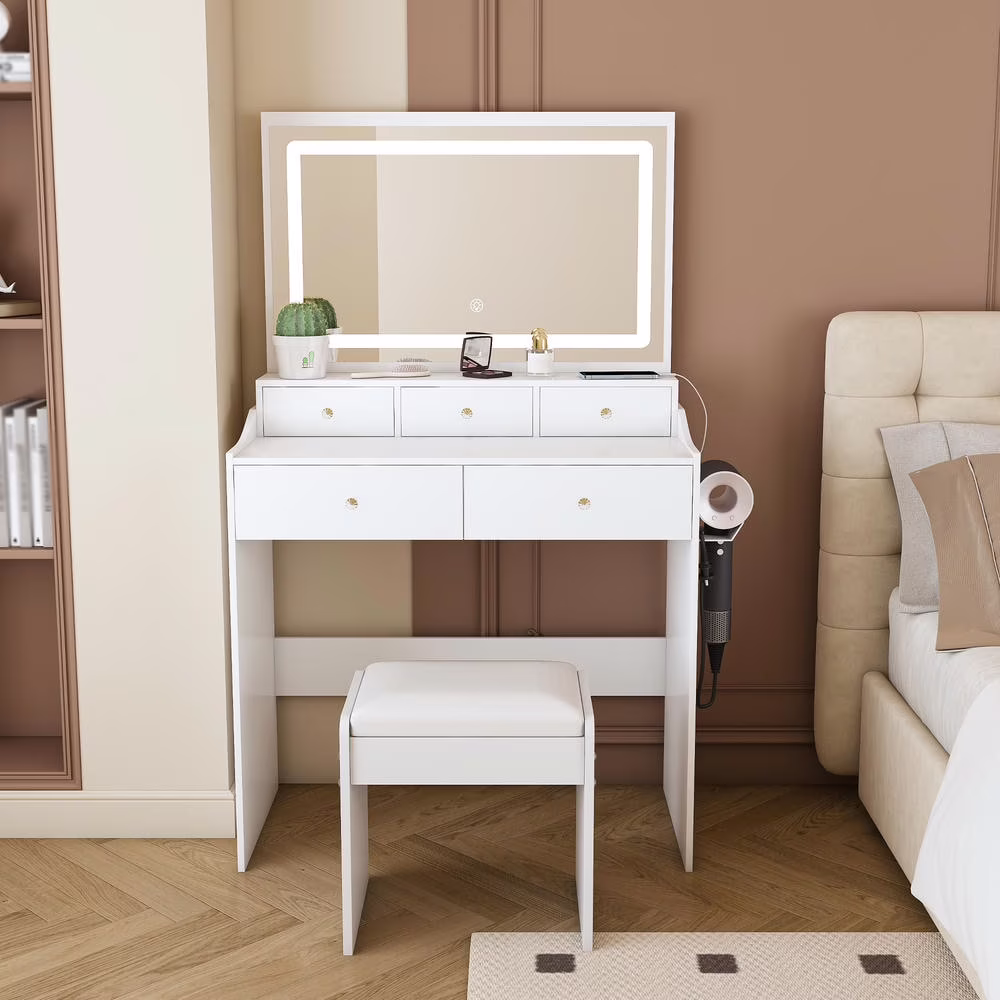 Kadyn Vanity Desk with Lighted Mirror, Vanity Table and Chair Set with 2 Drawers, Dressing Table Makeup Desk with 1 Door, Retro Gray