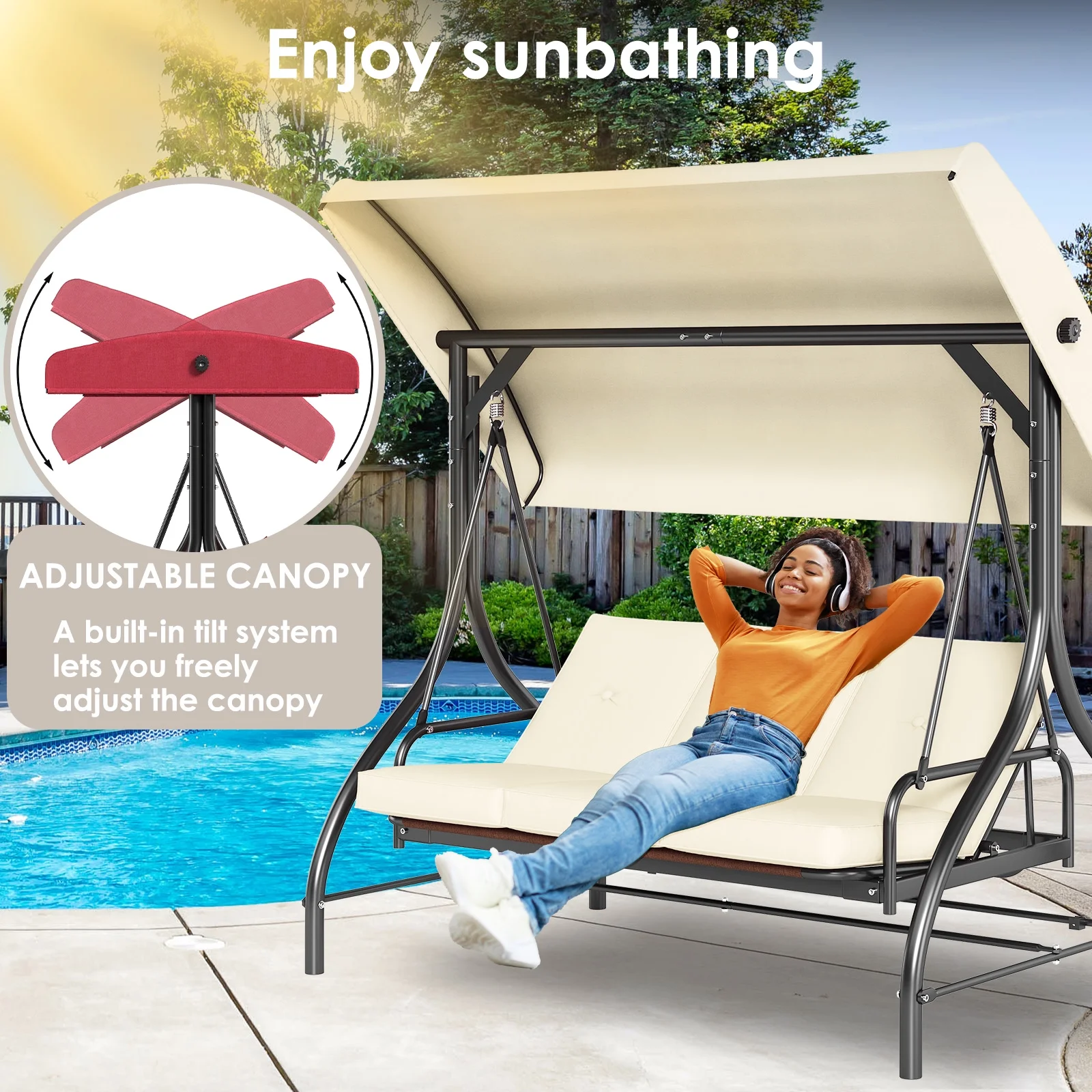Pirecart 3 Person Patio Porch Swing Outdoor Converting Swing Glider Hammock with Adjustable Canopy, Cushions, Red