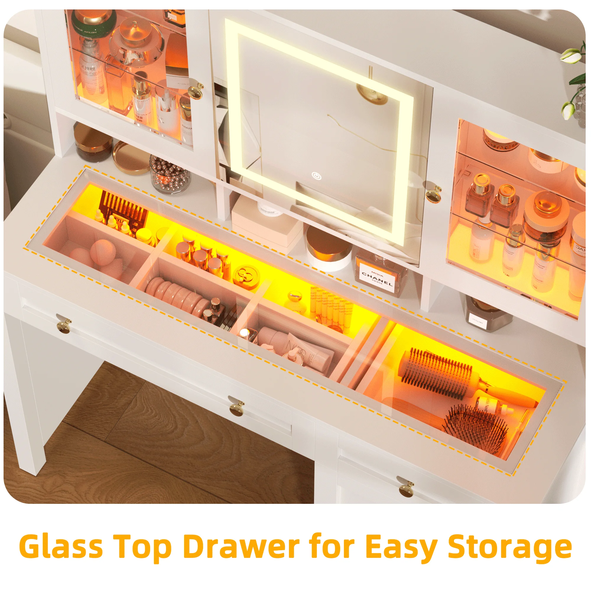 Semoic White Makeup Vanity Desk with LED Mirror and RGB Lights and Power Outlet, Morden Glass Top Vanity Table with Drawer & Storage Cabinet & Adjustable Shelves, Large Dressing Table for Bedroom