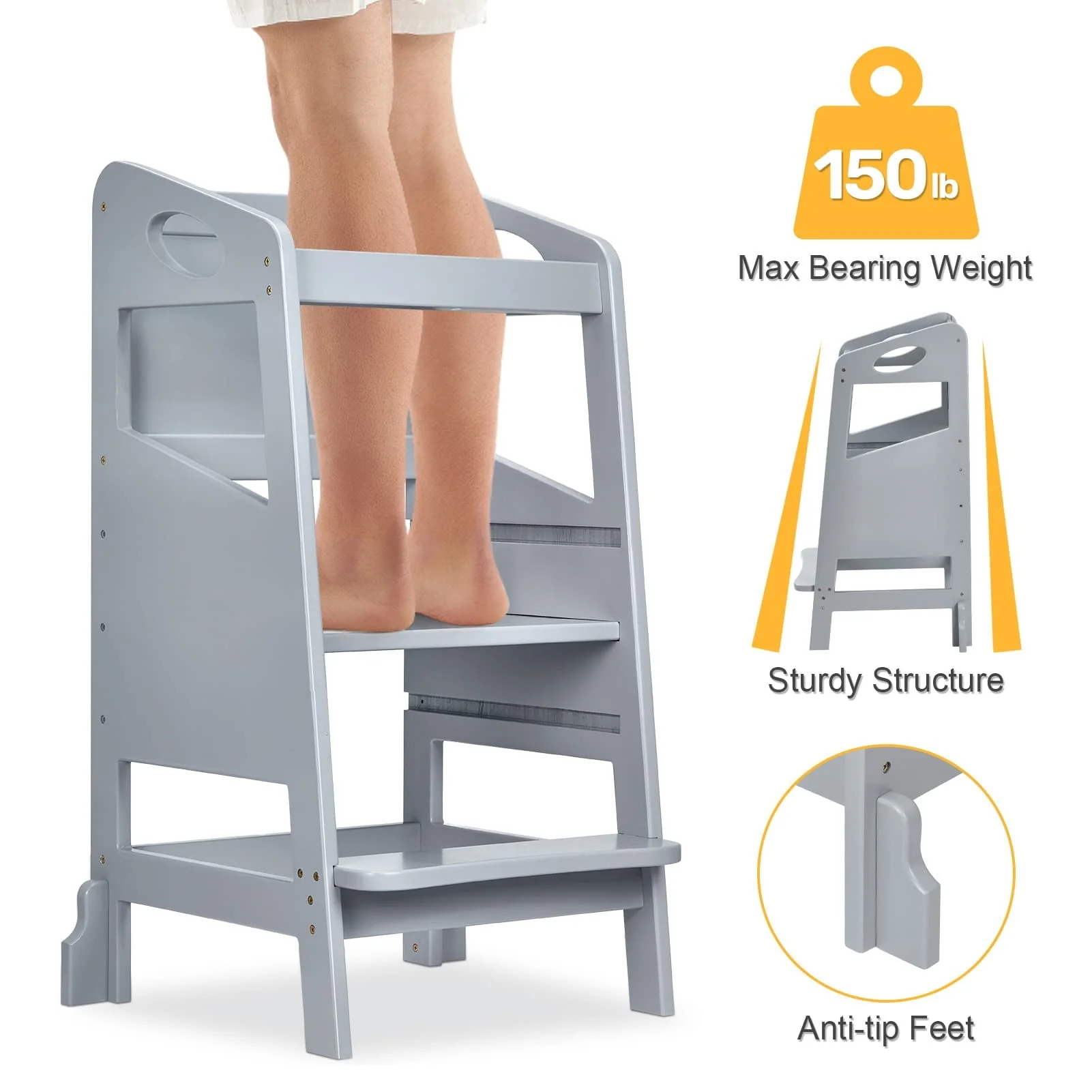 Furvclv Toddler Kitchen Stool Helper, Kids Kitchen Step Stool Baby Standing Tower Wood with Safety Rail, Child Montessori Stool for Kitchen Counter & Sink, Learning Tower for Toddlers 1-3