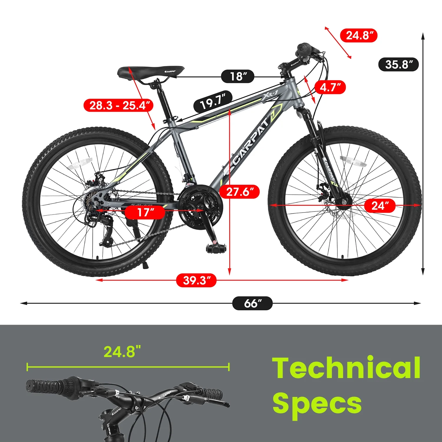 Ecarpat Mountain Bike, 24-Inch Wheels Bikes Shimano 21-Speed with High Carbon Steel Frame Mechanical Disc Brakes Front Suspension Fork for Youth Adults Multiple Colors