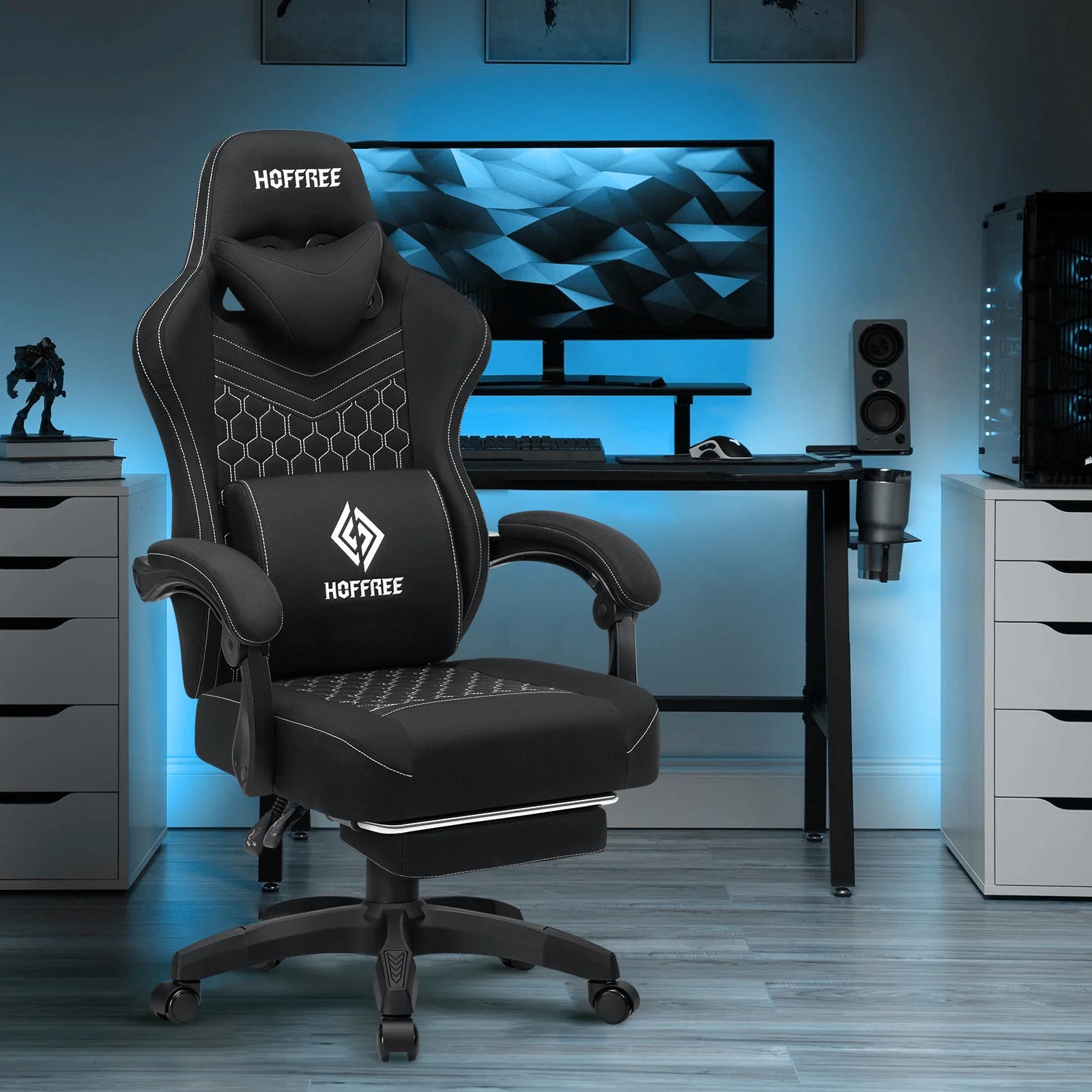 Hoffree Gaming Chair with Speakers Fabric Gamer Chair with footrest and massage Big and Tall Video Game Chair with Headrest and Lumbar Support for Adults