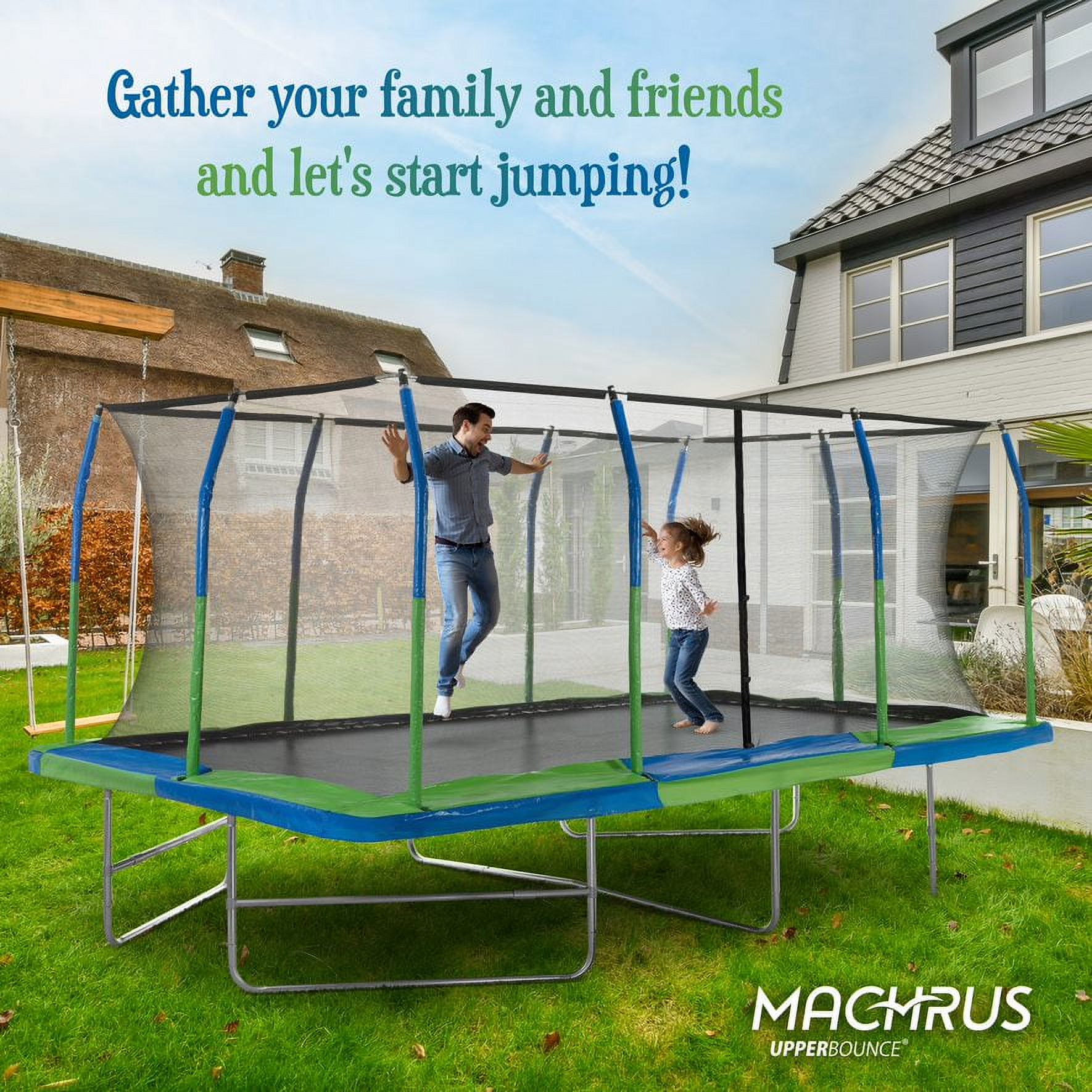 Machrus Upper Bounce - Mega 10' X 17' Gymnastics Style, Rectangular Trampoline Set with Premium Top-Ring Enclosure System - Green/Black