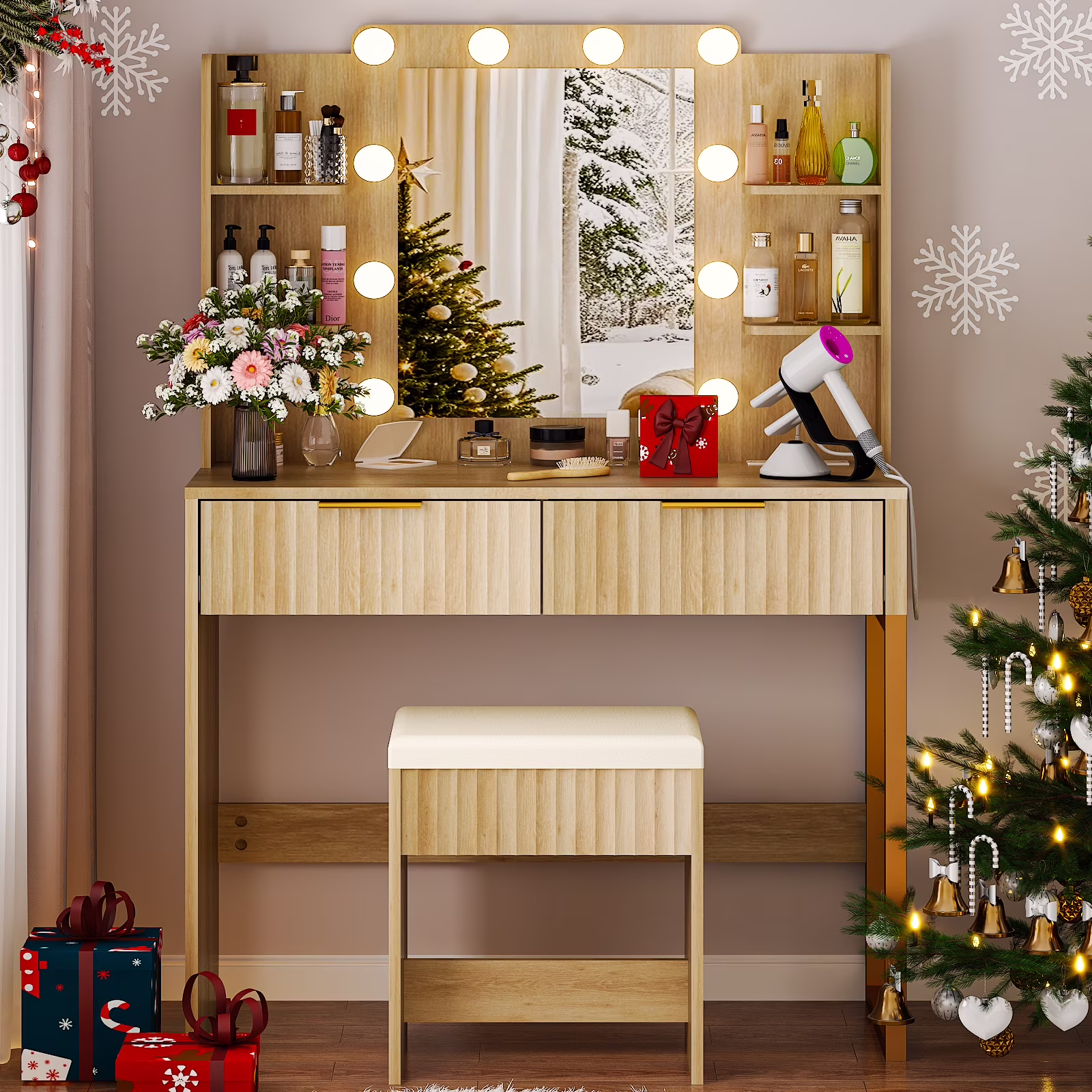 Ktaxon Lighted Makeup Vanity, White Vanity Table Set with 2 Drawer and Charging Station, Femal Gift