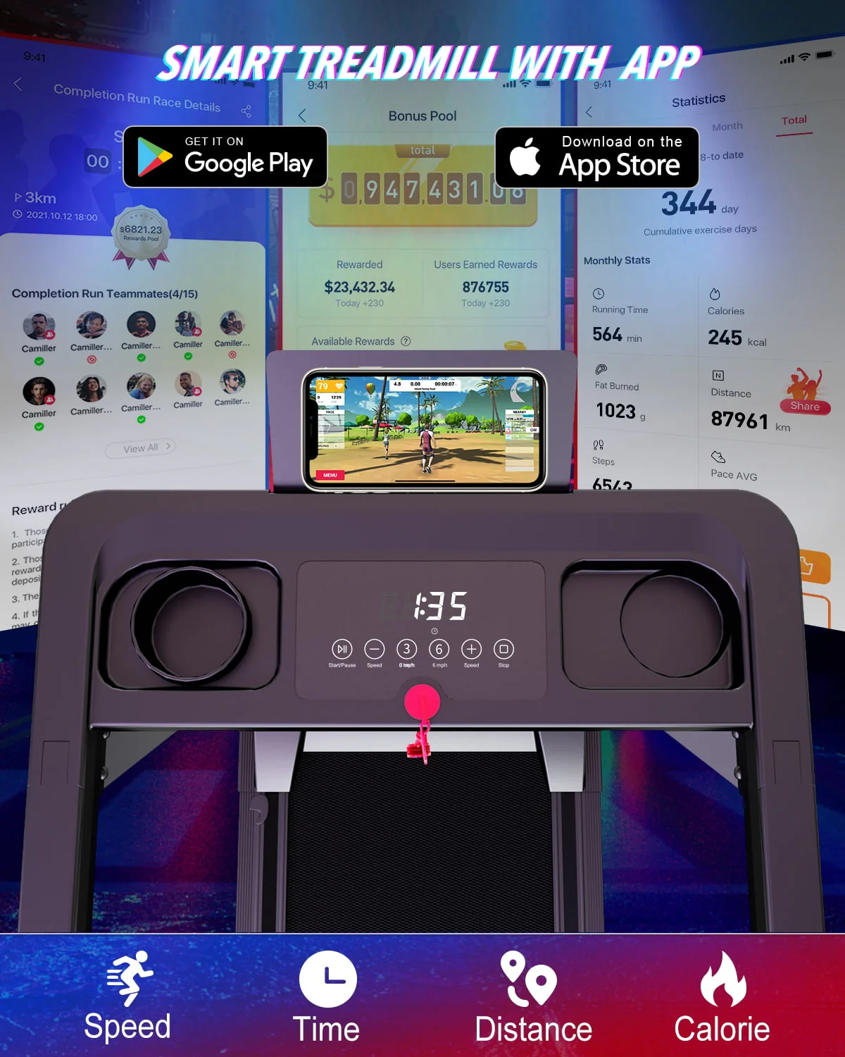 SupeRun 3 HP Smart Treadmill with APP Bracelet, Portable and Foldable with 300 lb Capacity(Black)