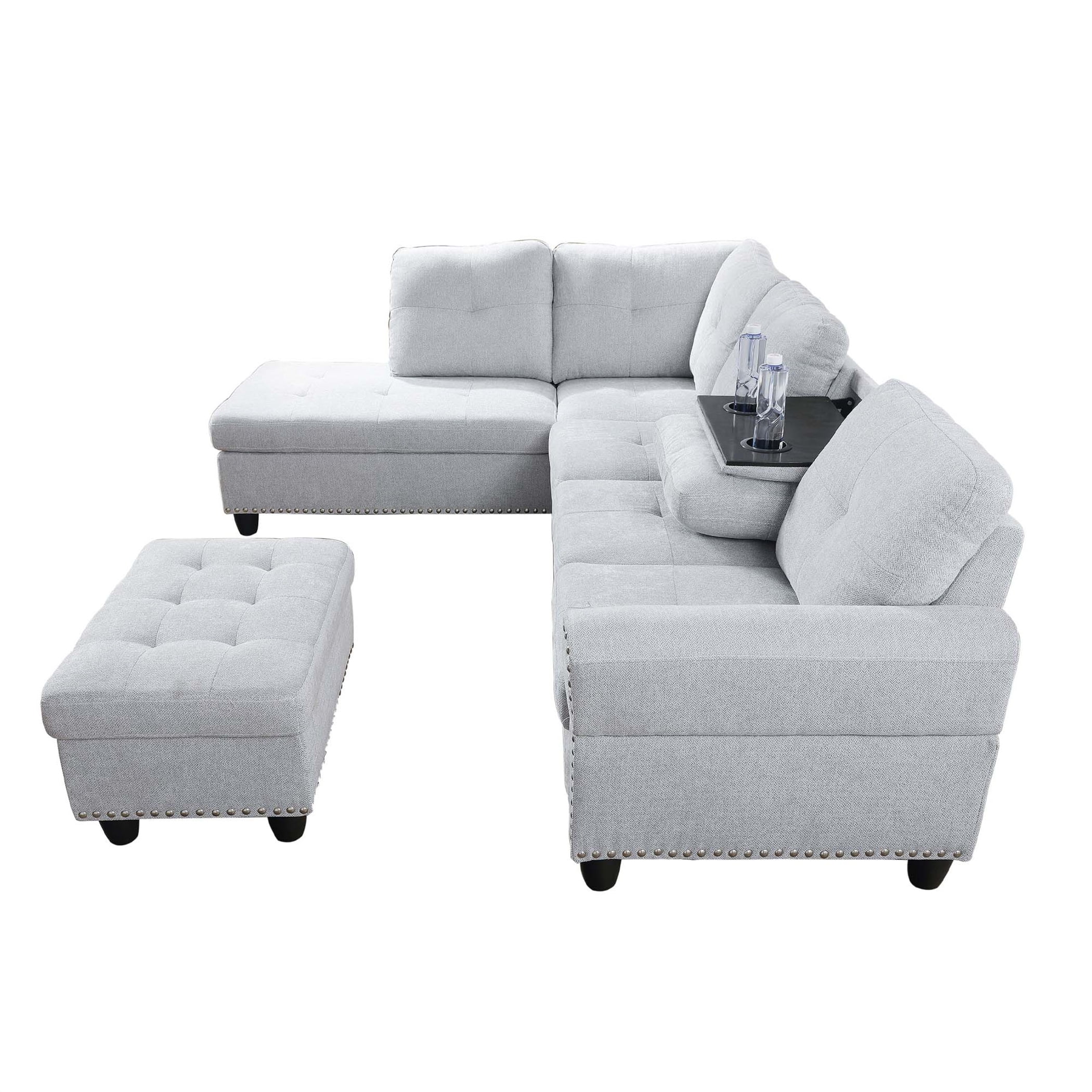 Aukfa 3 Piece Sectional Sofa, Living Room Couch with Storage Ottoman&Cup Holder, Linen, Left Hand, Black Gray