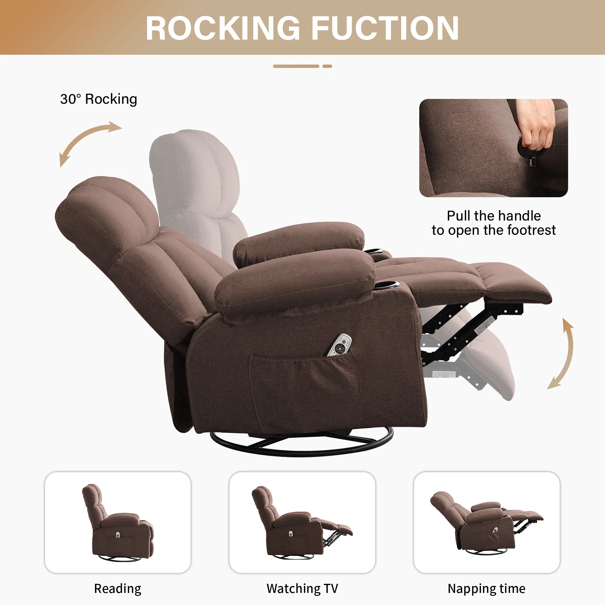 JONPONY Manual Recliner Chair with Heat Therapy and Massage Function, Heavy Duty Reclining Mechanism Massage Chair, Elderly Single Rocker Sofa with Cup Holders for Bedroom Home Theater,Grey